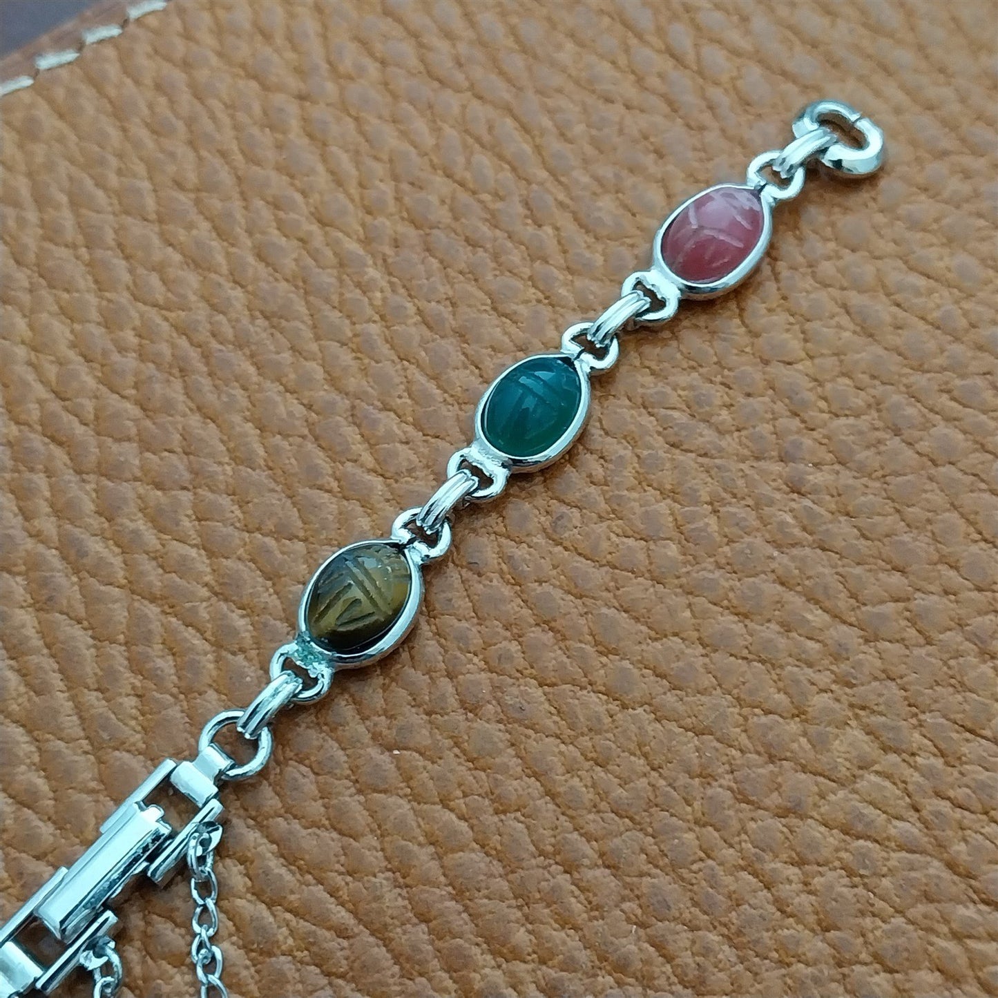 Vintage Carved Stone Scarab & White Gold-Filled Womens 1960s Classic Watch Band