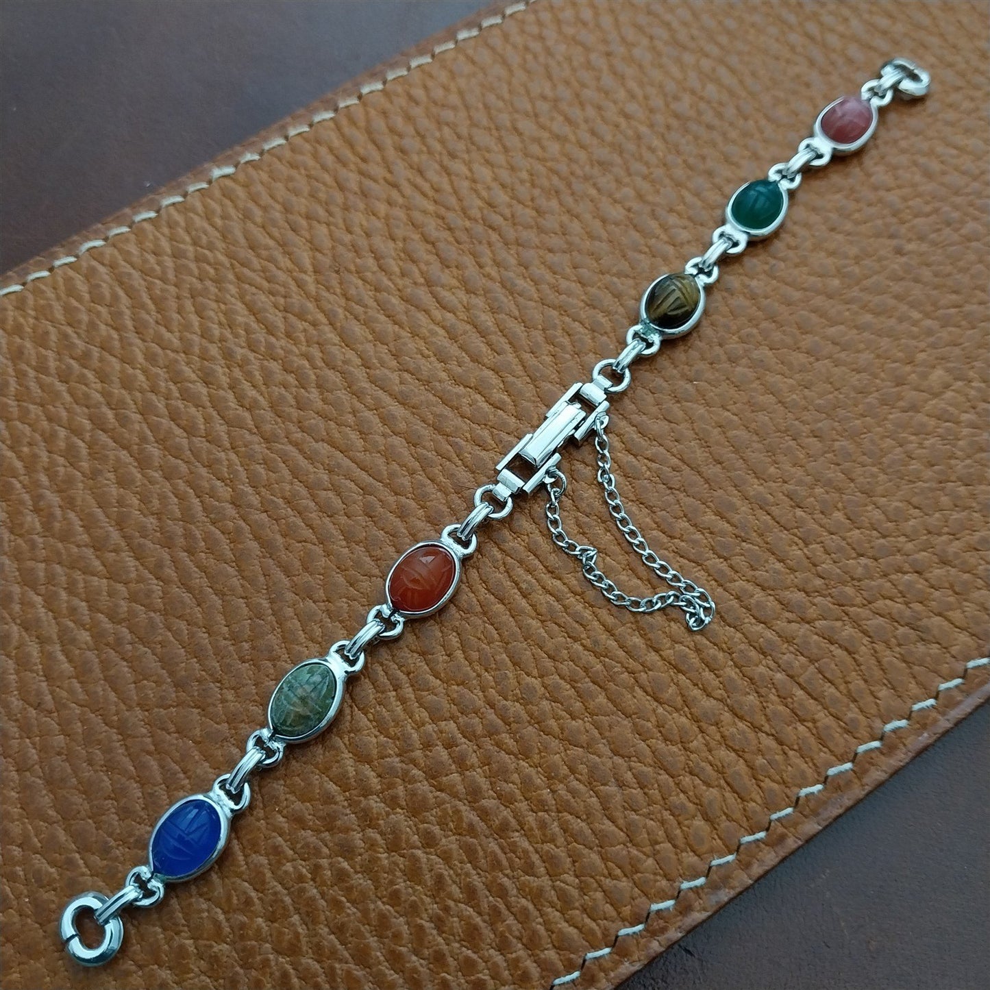 Vintage Carved Stone Scarab & White Gold-Filled Womens 1960s Classic Watch Band
