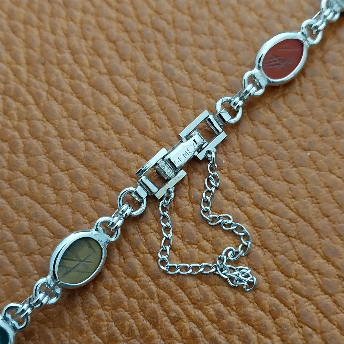 Vintage Carved Stone Scarab & White Gold-Filled Womens 1960s Classic Watch Band