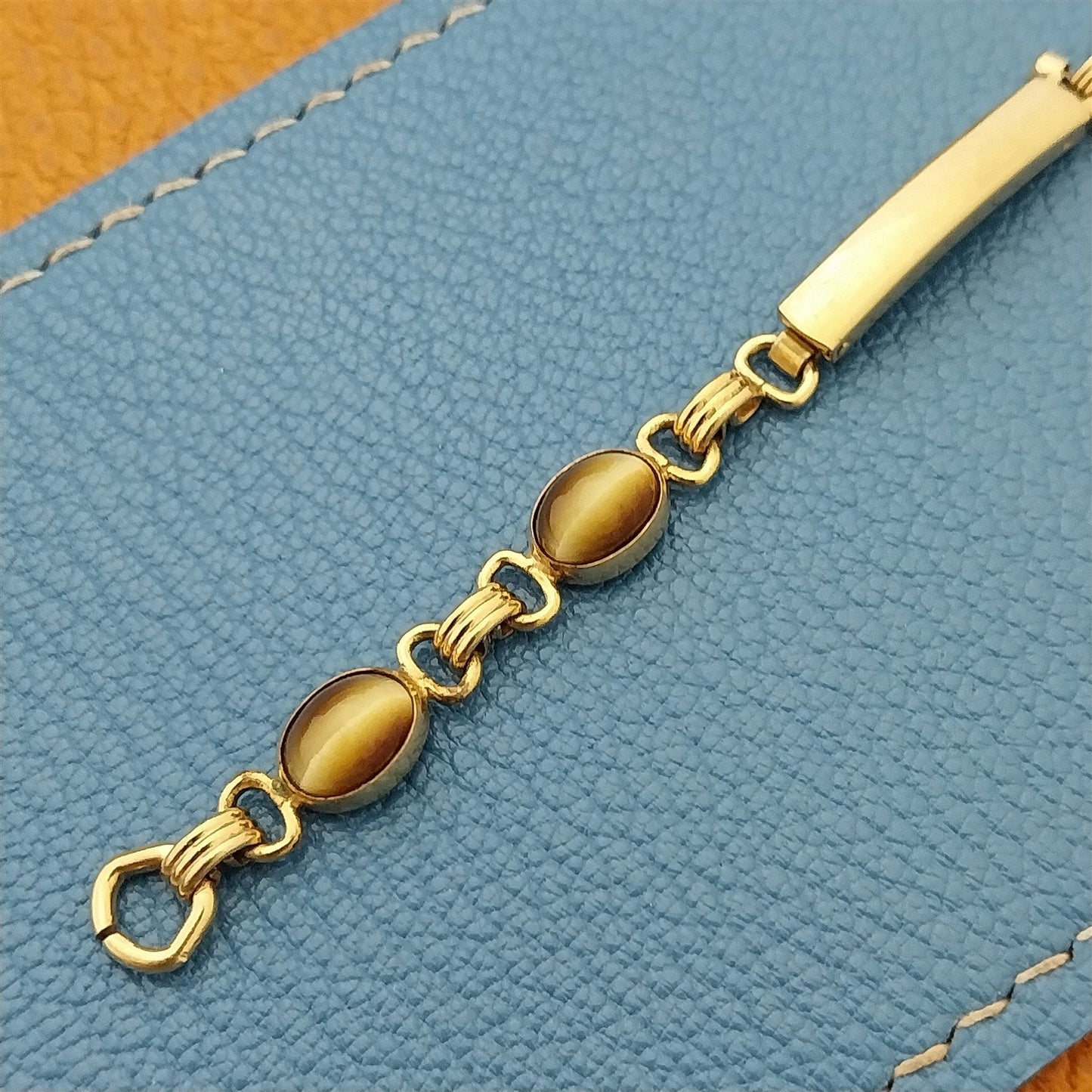 Tiger Eye Stone Yellow Gold-Filled Womens 1960s Vintage Watch Band