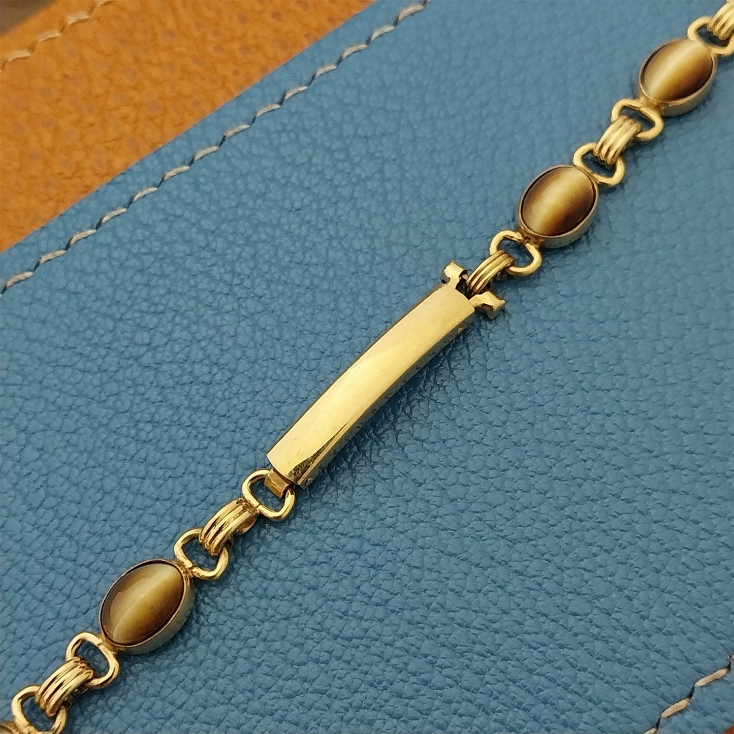 Tiger Eye Stone Yellow Gold-Filled Womens 1960s Vintage Watch Band