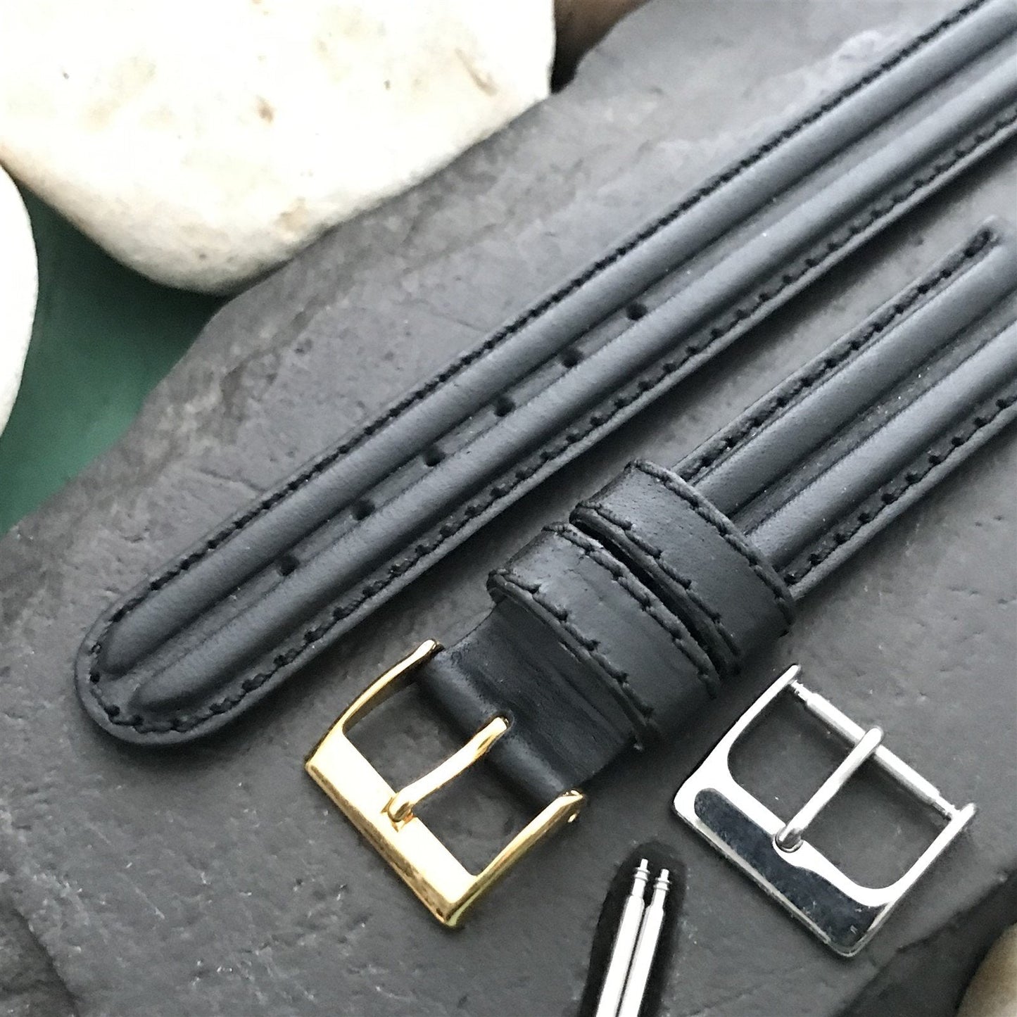 16mm Sahara Italy Padded Ridge Black Leather Unused Vintage Watch Band