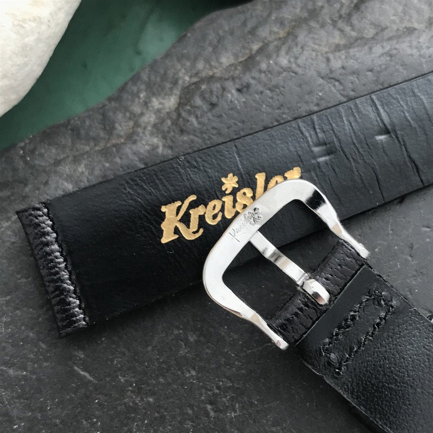 5/8" Kreisler Black Pinseal Long Tapered Leather unused 1960s Vintage Watch Band