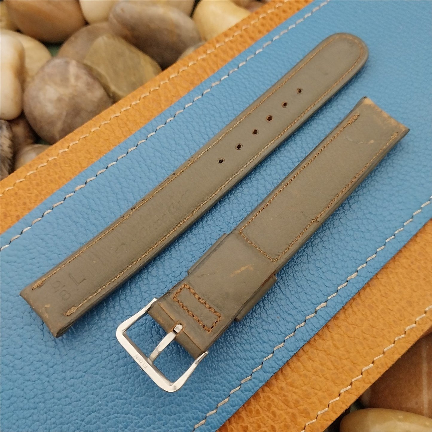 Elgin Buckle & 5/8" Patina Gray Calf Leather Long nos unused Vintage Watch Band