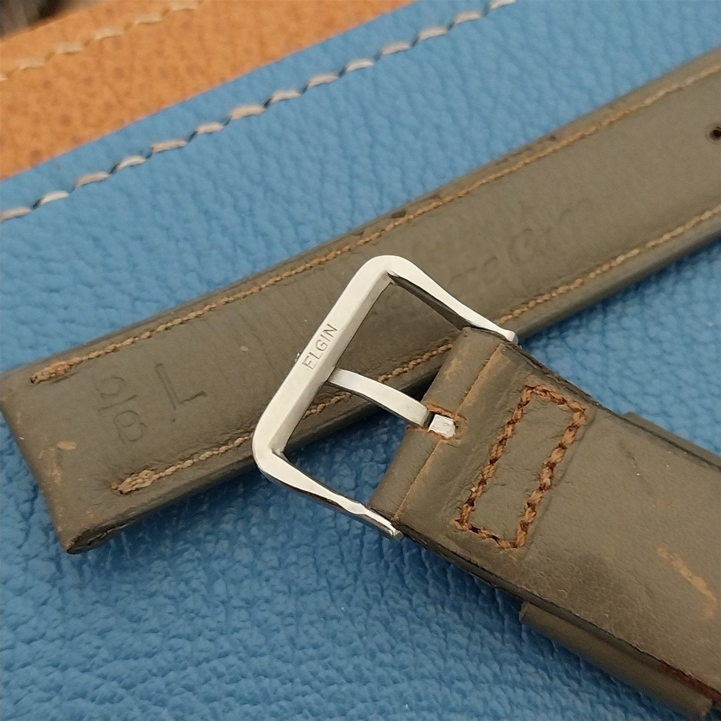 Elgin Buckle & 5/8" Patina Gray Calf Leather Long nos unused Vintage Watch Band