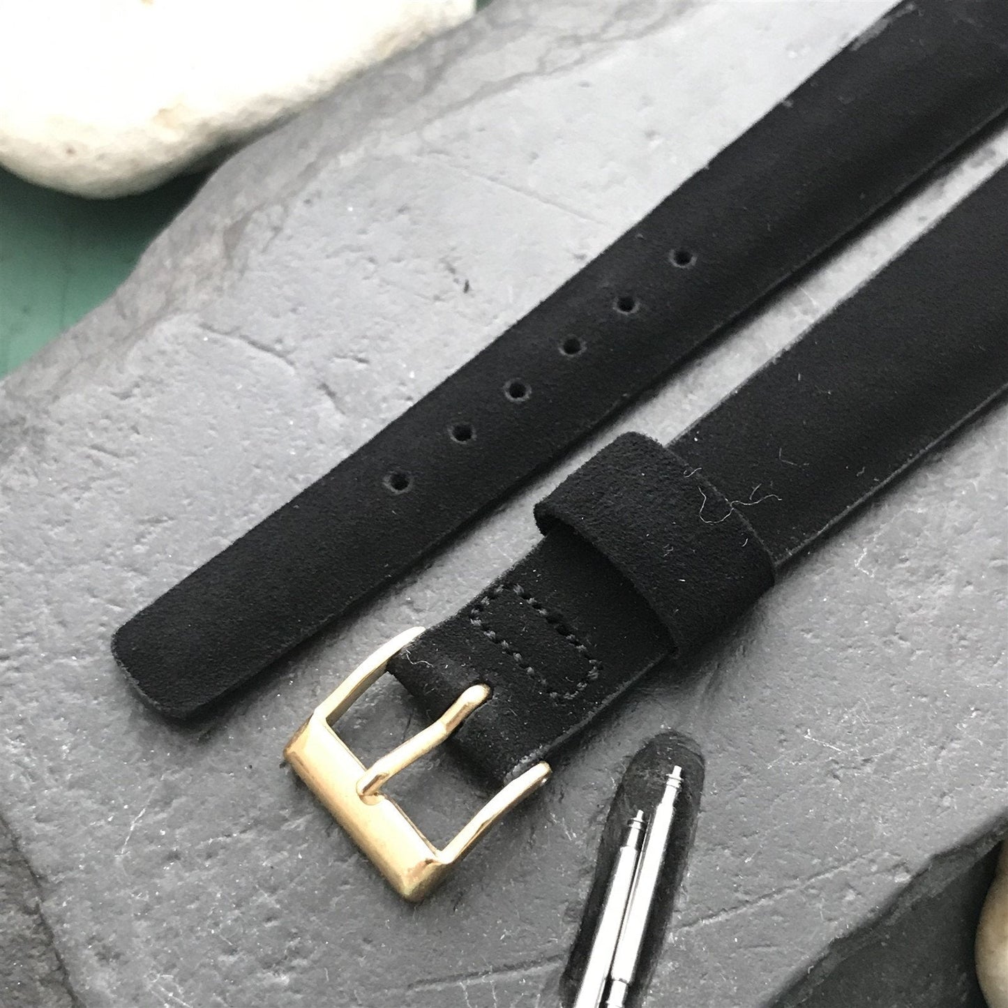 16mm Long JB Champion Tapered Black Suede Unused nos 1960s Vintage Watch Band