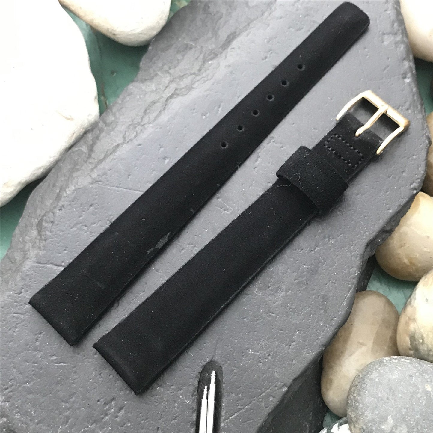 16mm Long JB Champion Tapered Black Suede Unused nos 1960s Vintage Watch Band