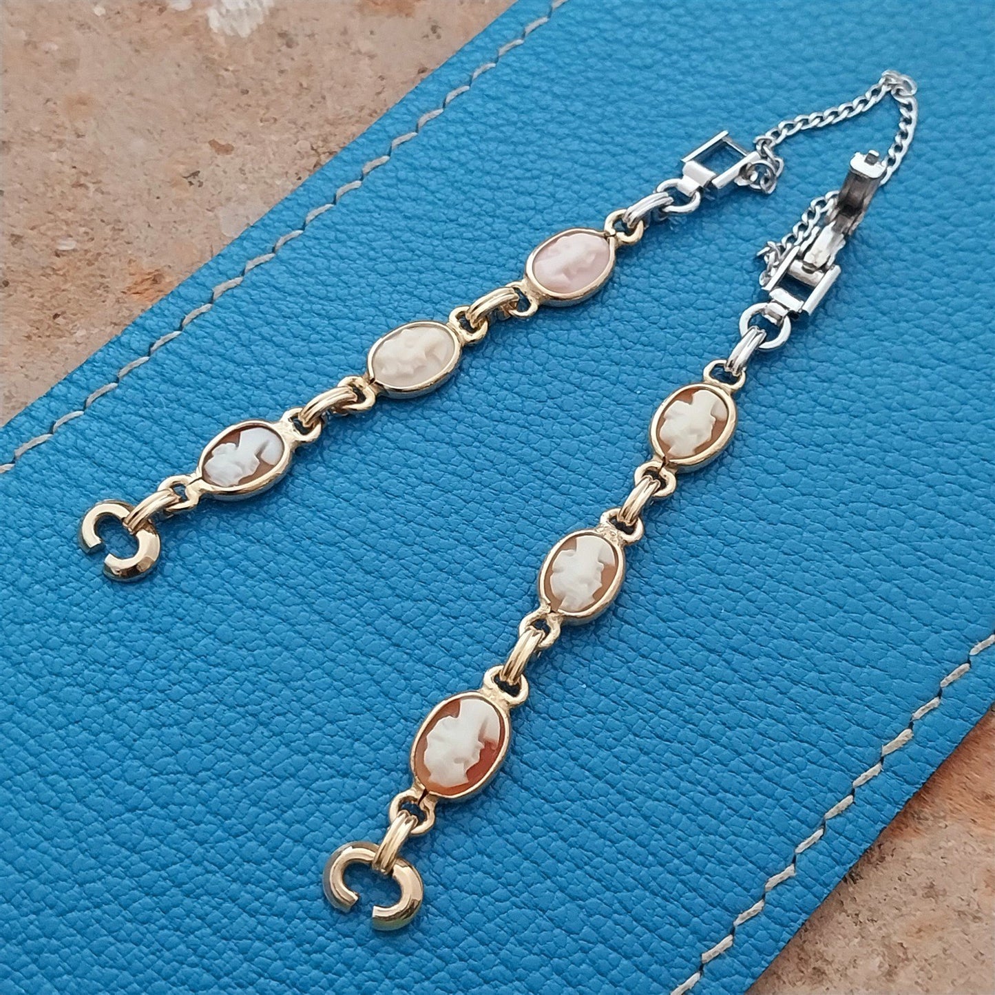 Yellow & White Gold-Filled Carved Shell Cameo Ladies 1960s Vintage Watch Band