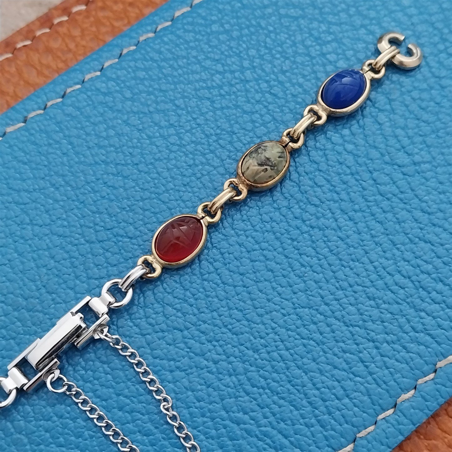Ladies 1960s Carved Stone Scarab Yellow & White Gold-Filled Vintage Watch Band
