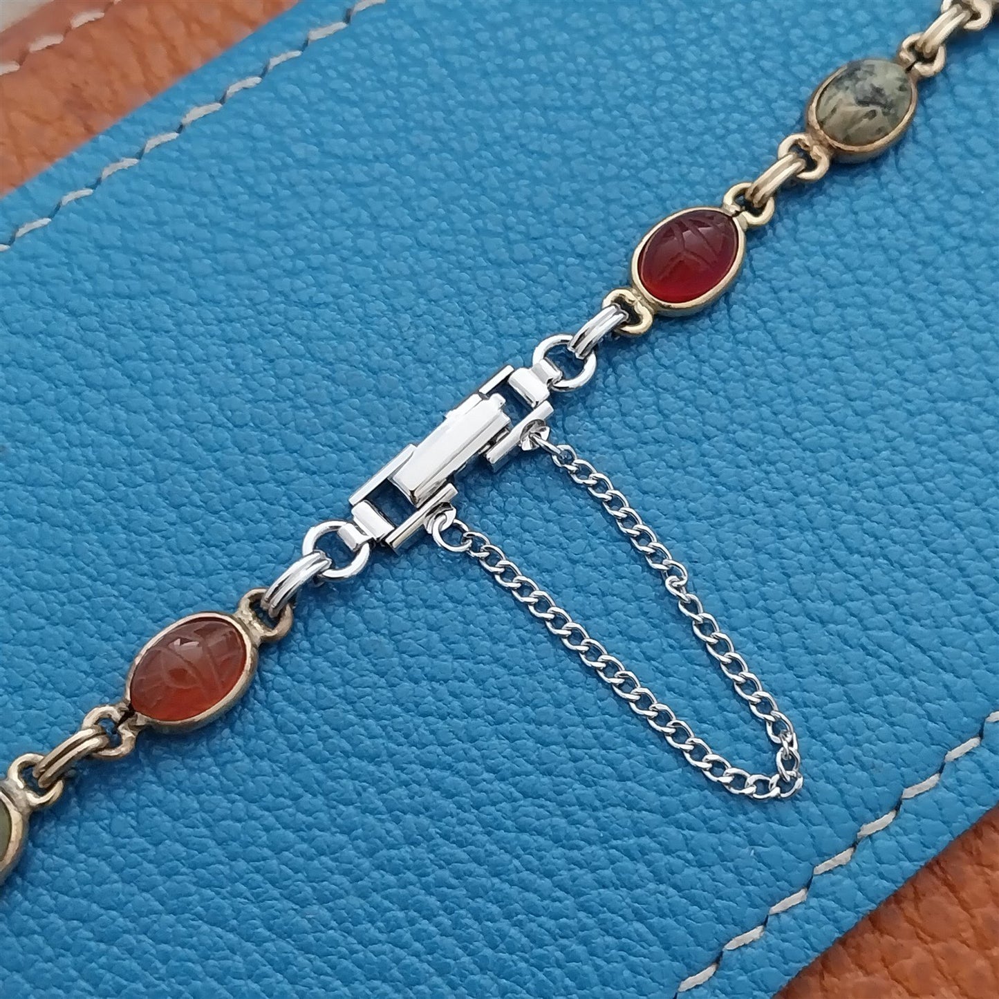 Ladies 1960s Carved Stone Scarab Yellow & White Gold-Filled Vintage Watch Band