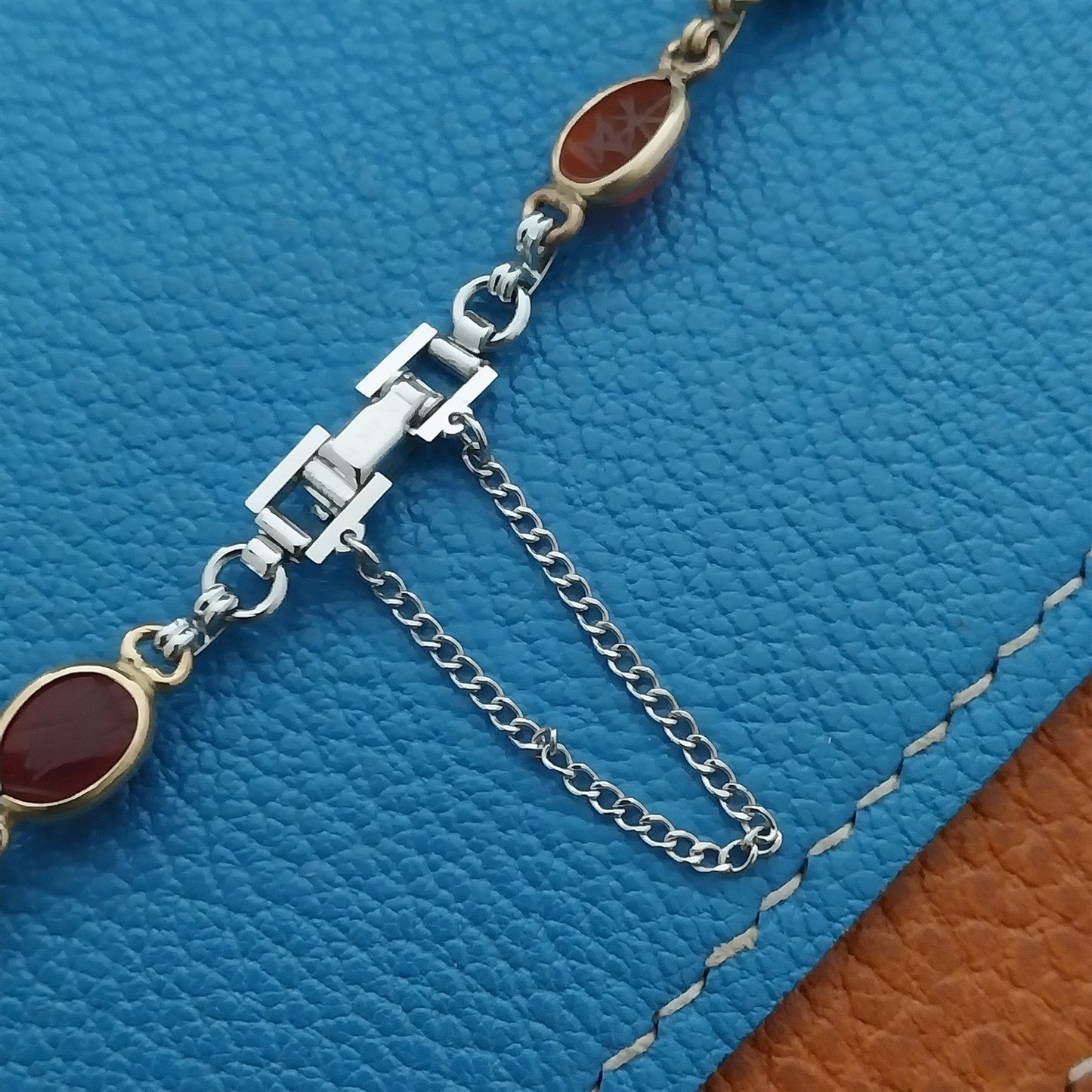 Ladies 1960s Carved Stone Scarab Yellow & White Gold-Filled Vintage Watch Band