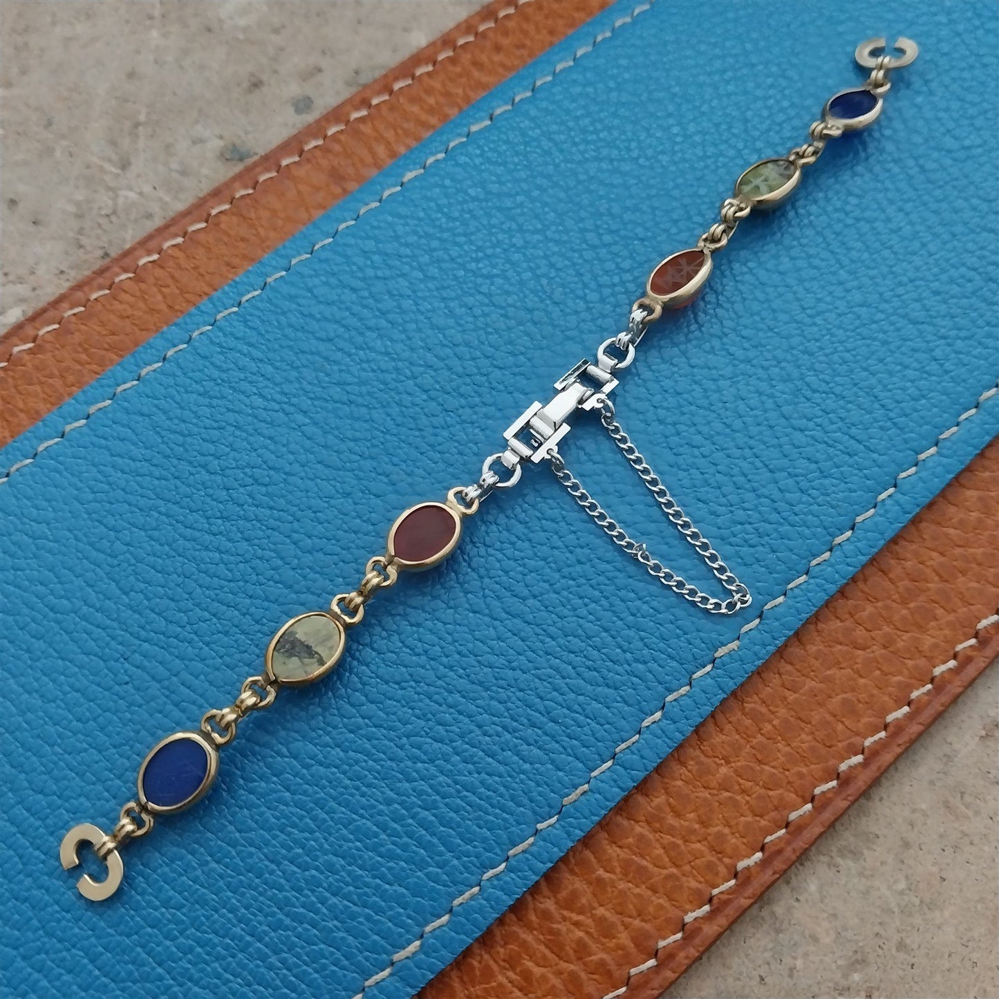 Ladies 1960s Carved Stone Scarab Yellow & White Gold-Filled Vintage Watch Band