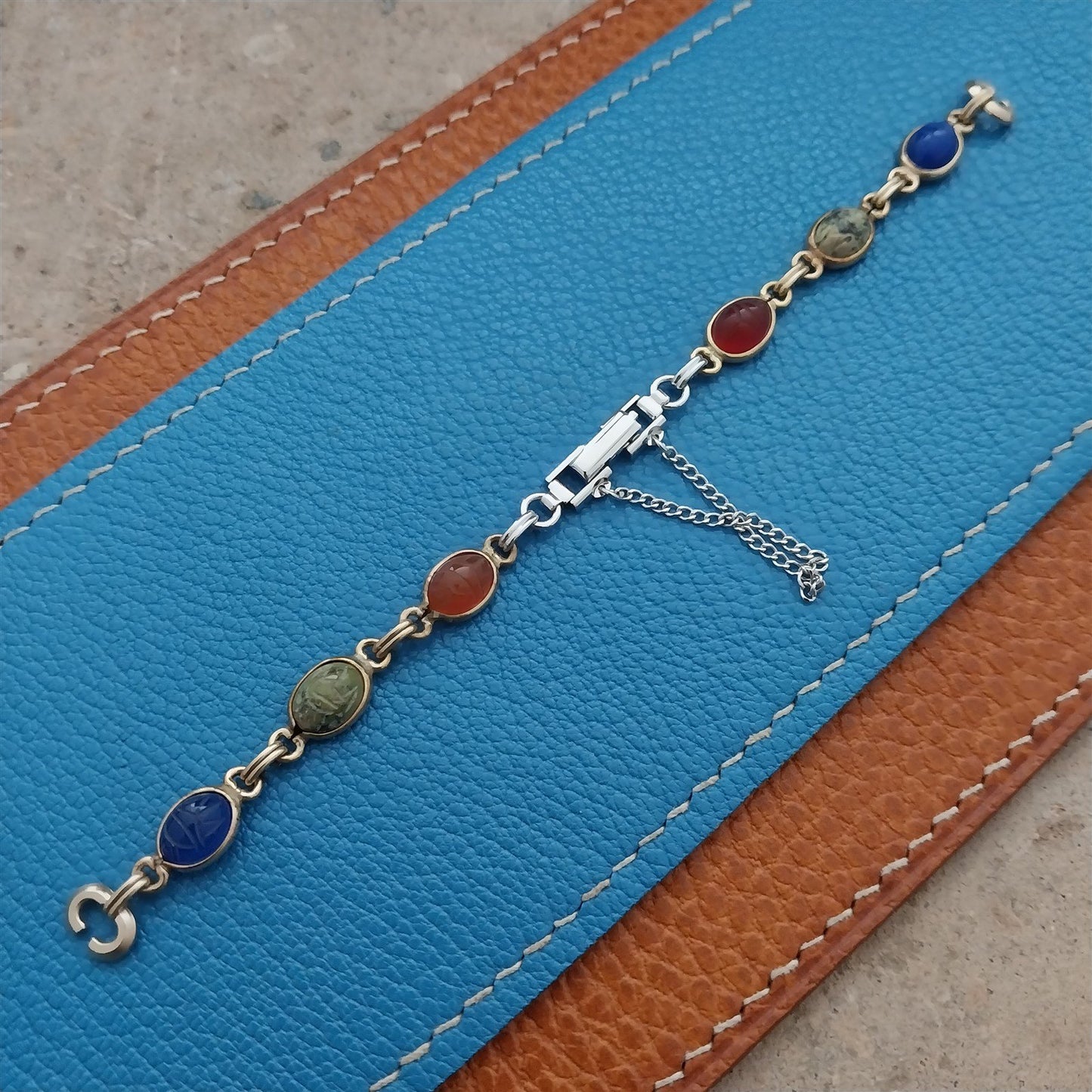 Ladies 1960s Carved Stone Scarab Yellow & White Gold-Filled Vintage Watch Band
