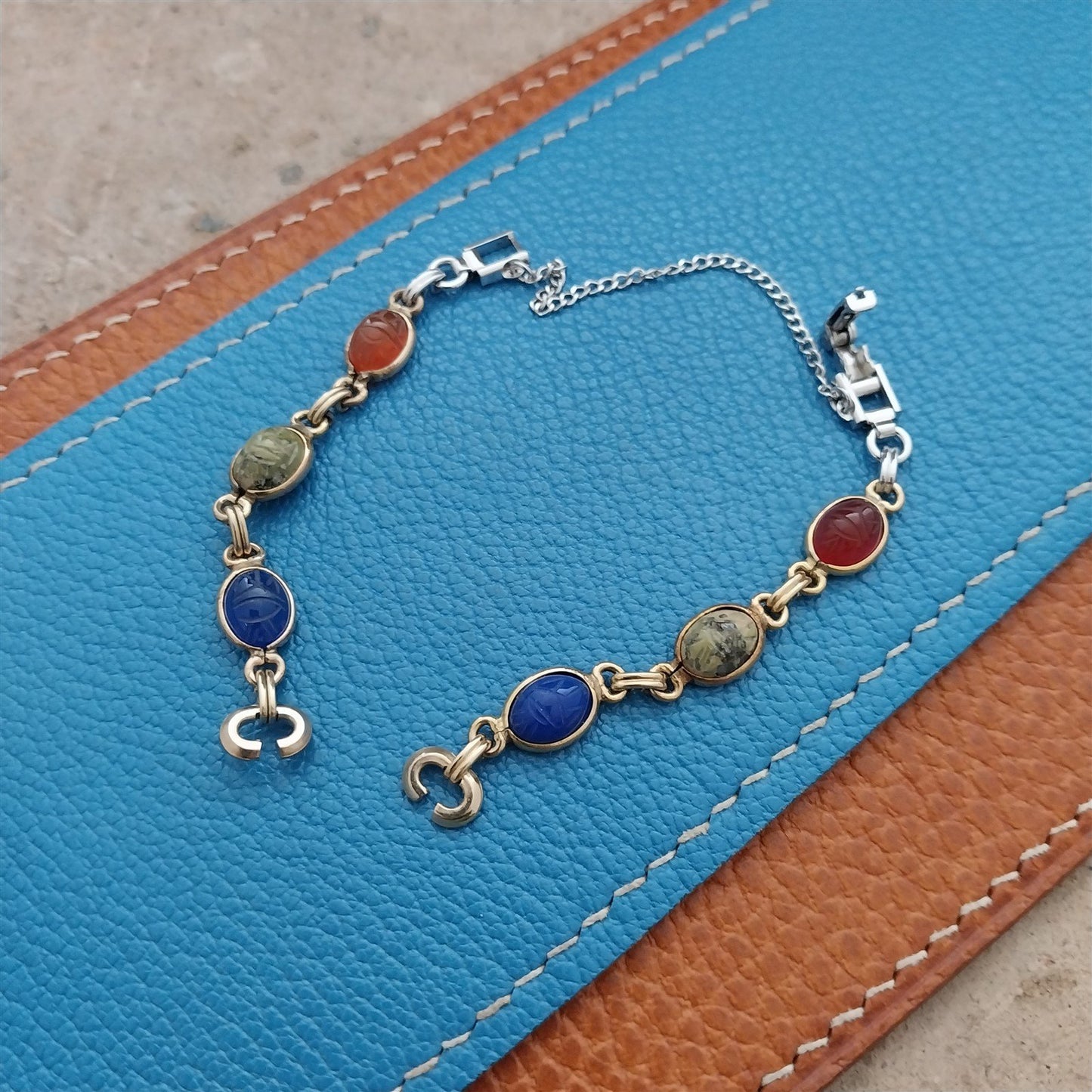 Ladies 1960s Carved Stone Scarab Yellow & White Gold-Filled Vintage Watch Band
