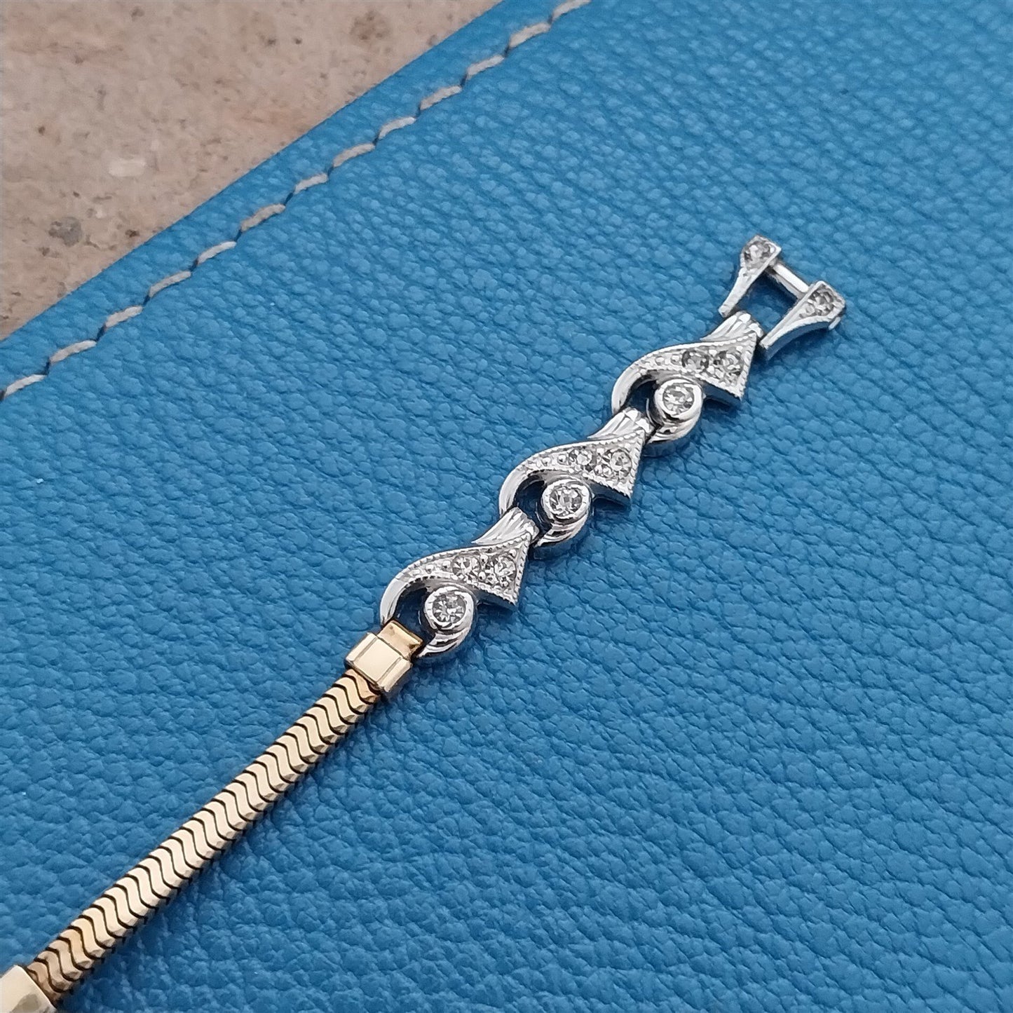 50s Ladies White & Yellow Gold-Filled Rhinestone Unused Vintage Watch Band