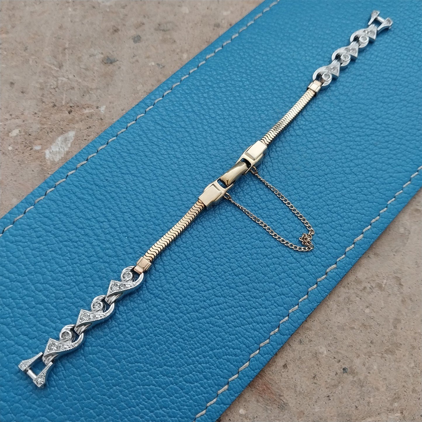 50s Ladies White & Yellow Gold-Filled Rhinestone Unused Vintage Watch Band