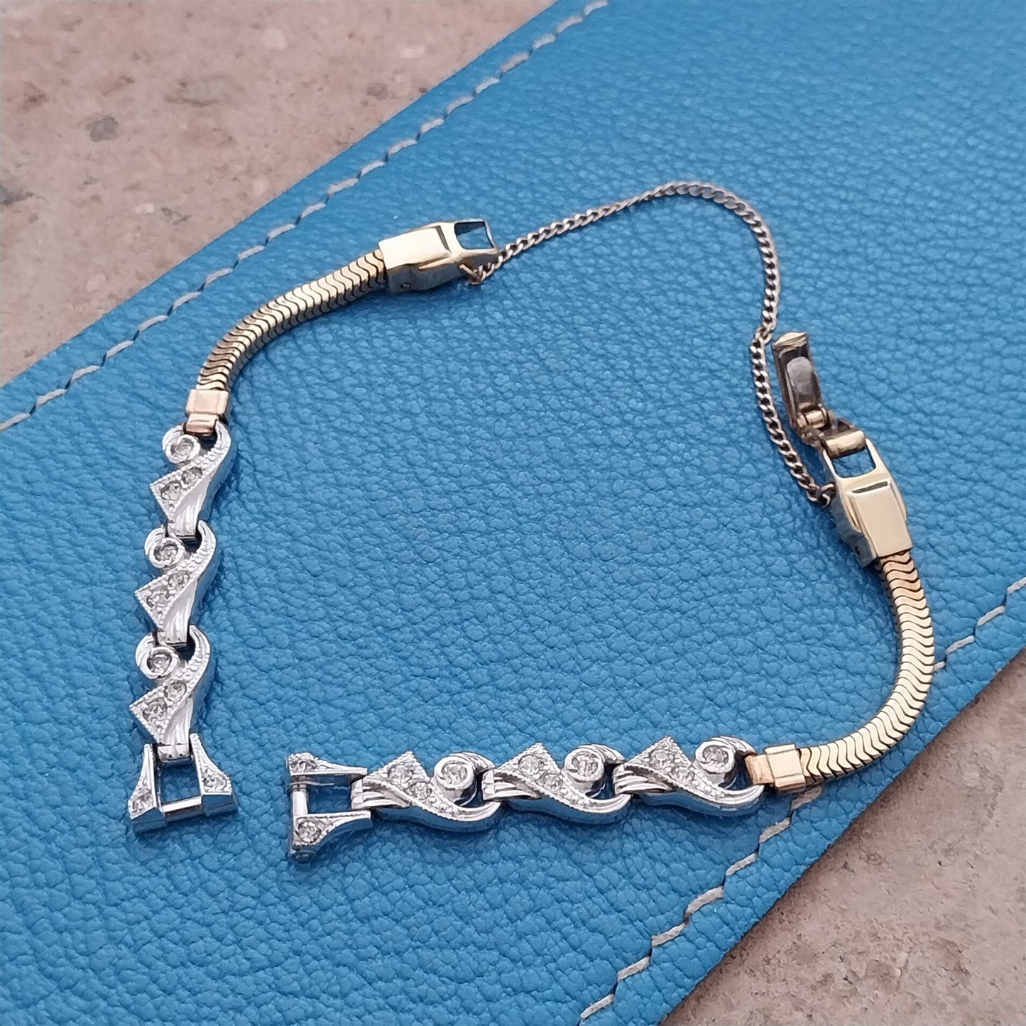 50s Ladies White & Yellow Gold-Filled Rhinestone Unused Vintage Watch Band