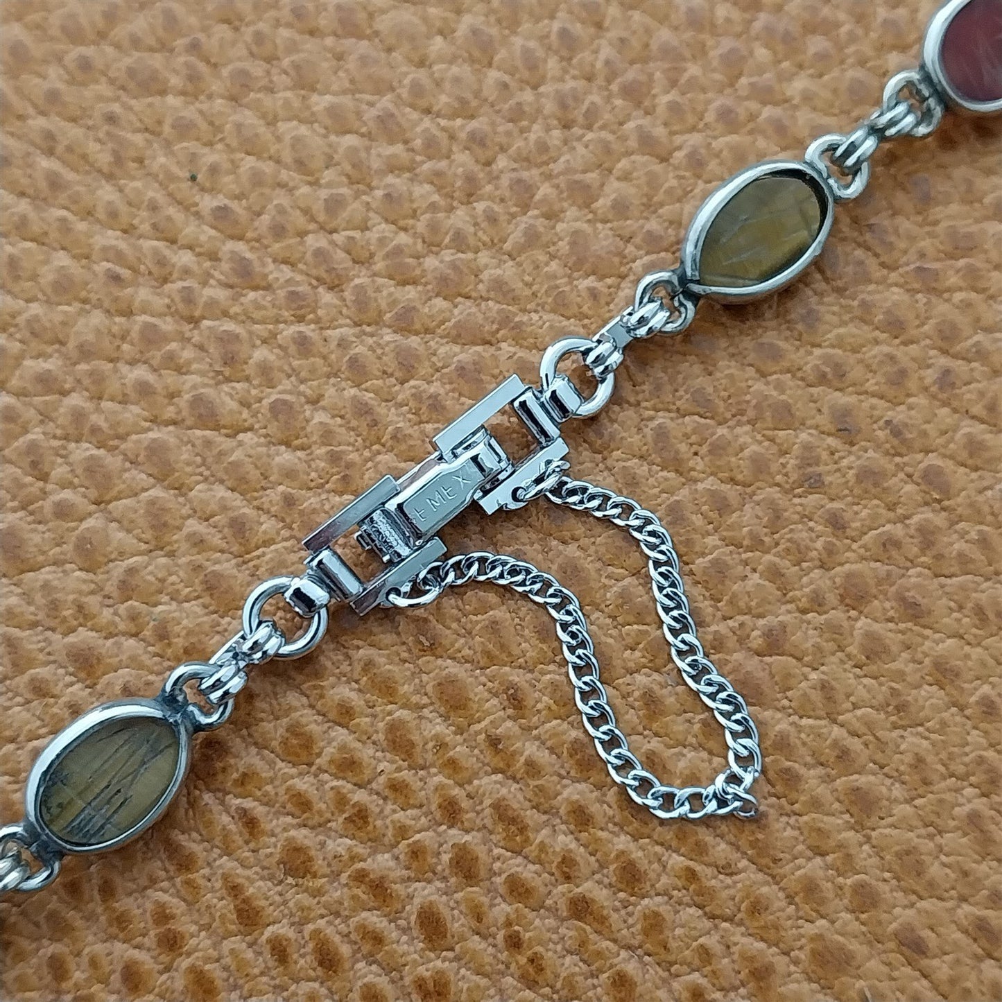 Scarab Carved Tiger Eye Stone White Gold-Filled Womens 1960s Vintage Watch Band