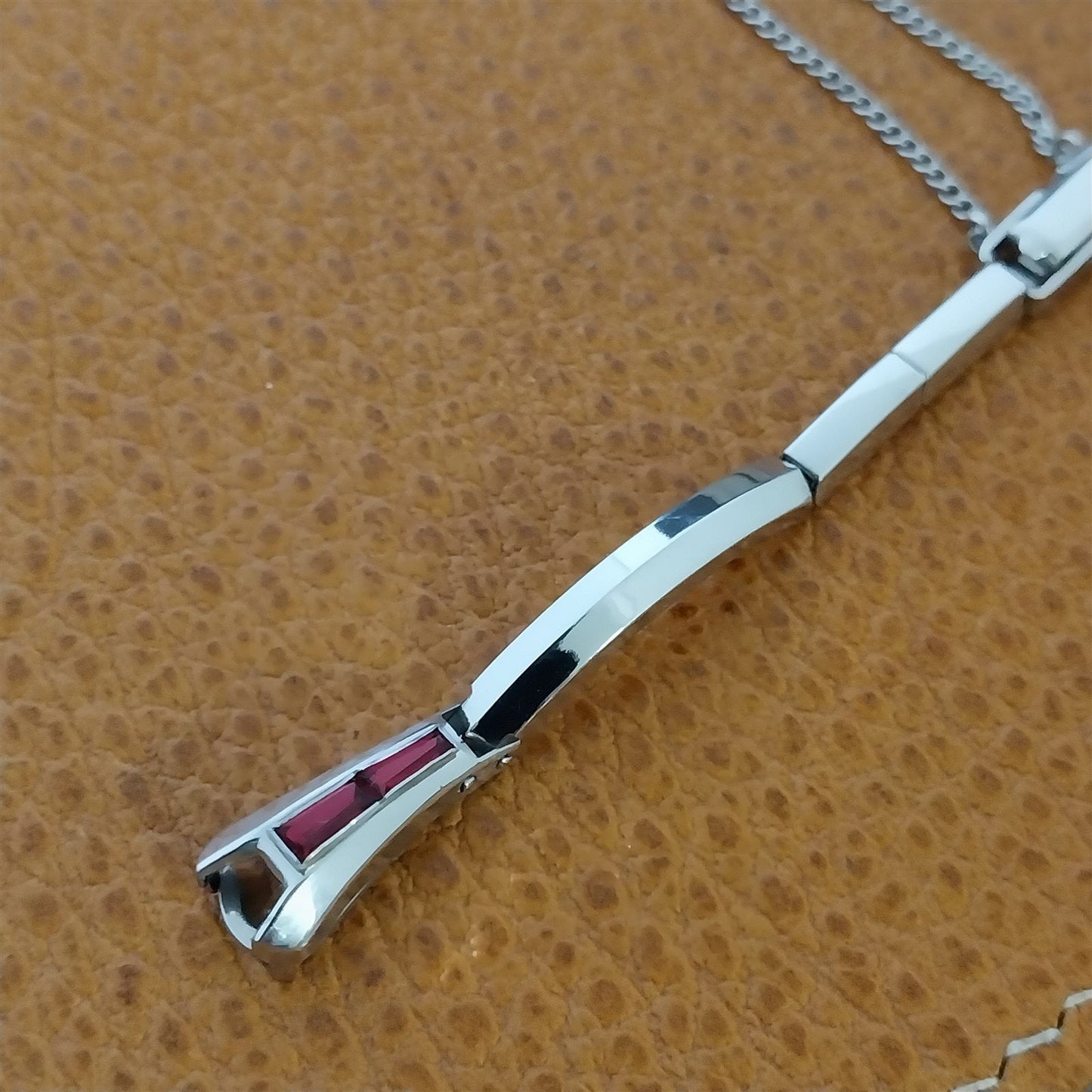 White Gold-Filled Red Rhinestone Ladies Kreisler Unused 1960s Vintage Watch Band