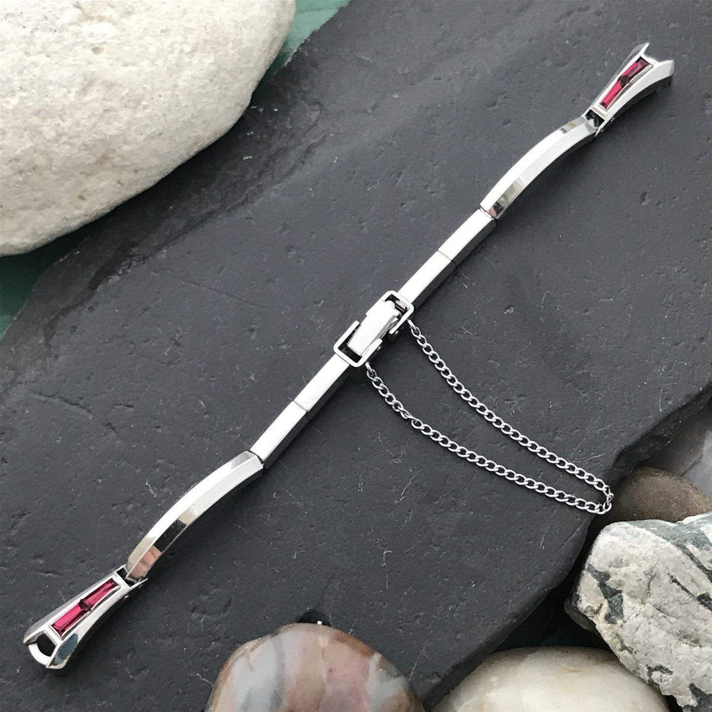 White Gold-Filled Red Rhinestone Ladies Kreisler Unused 1960s Vintage Watch Band