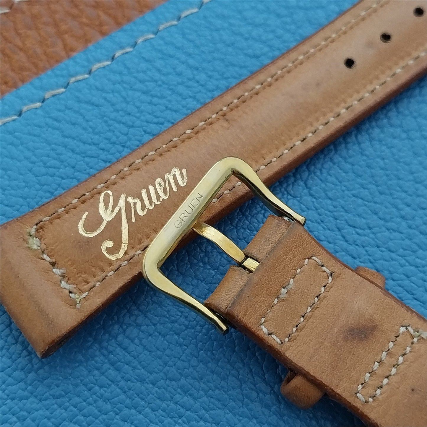 5/8" Gruen Calf Leather Unused Vintage Watch Strap & Gold-Filled Logo Buckle