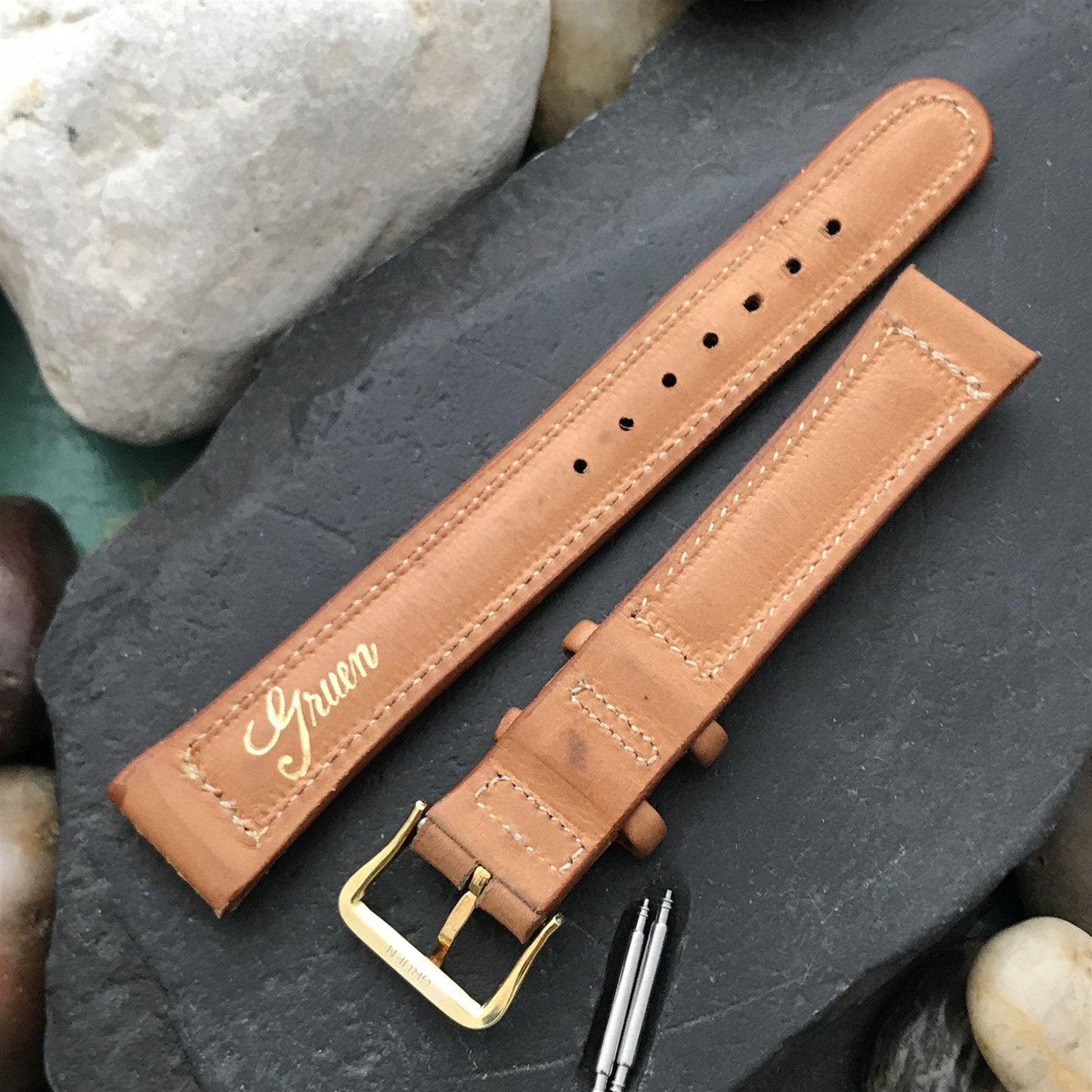 5/8" Gruen Calf Leather nos Unused Vintage Watch Band & Gold-Filled Logo Buckle