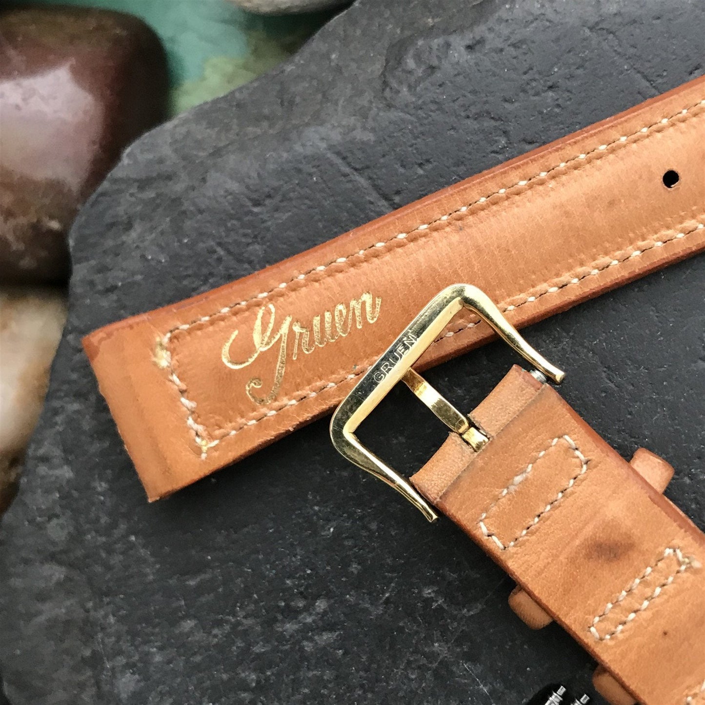 5/8" Gruen Calf Leather nos Unused Vintage Watch Band & Gold-Filled Logo Buckle