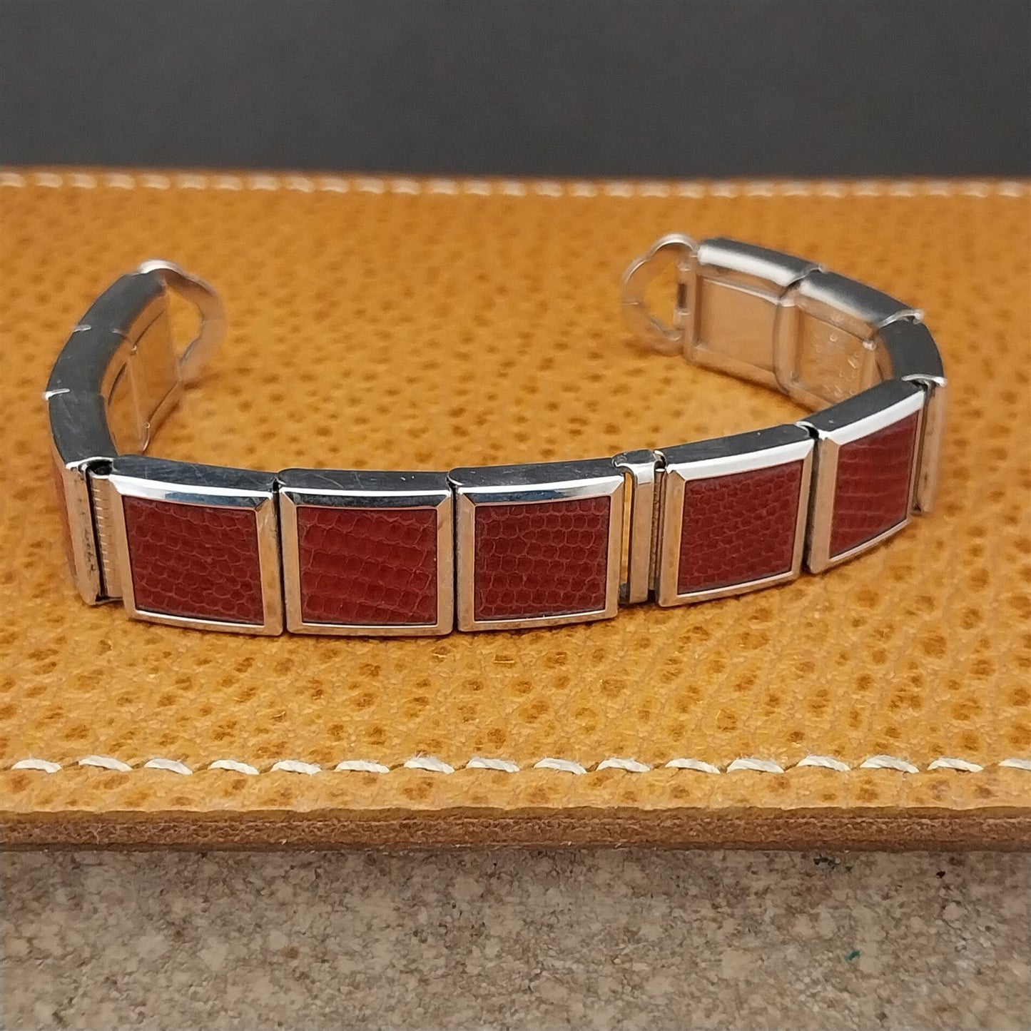 White Gold-Filled & Red Speidel Lizard Links Unused Vintage Cocktail Watch Band