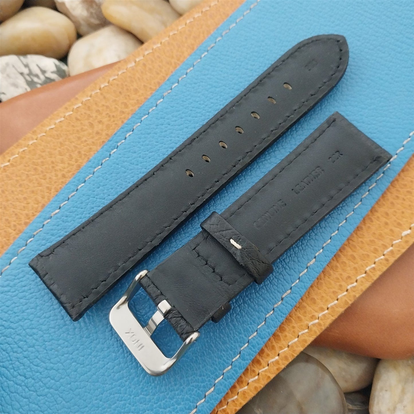 22mm Hadley Roma Black Contrast Stitch Leather Tapered 22/20 Unused Watch Band