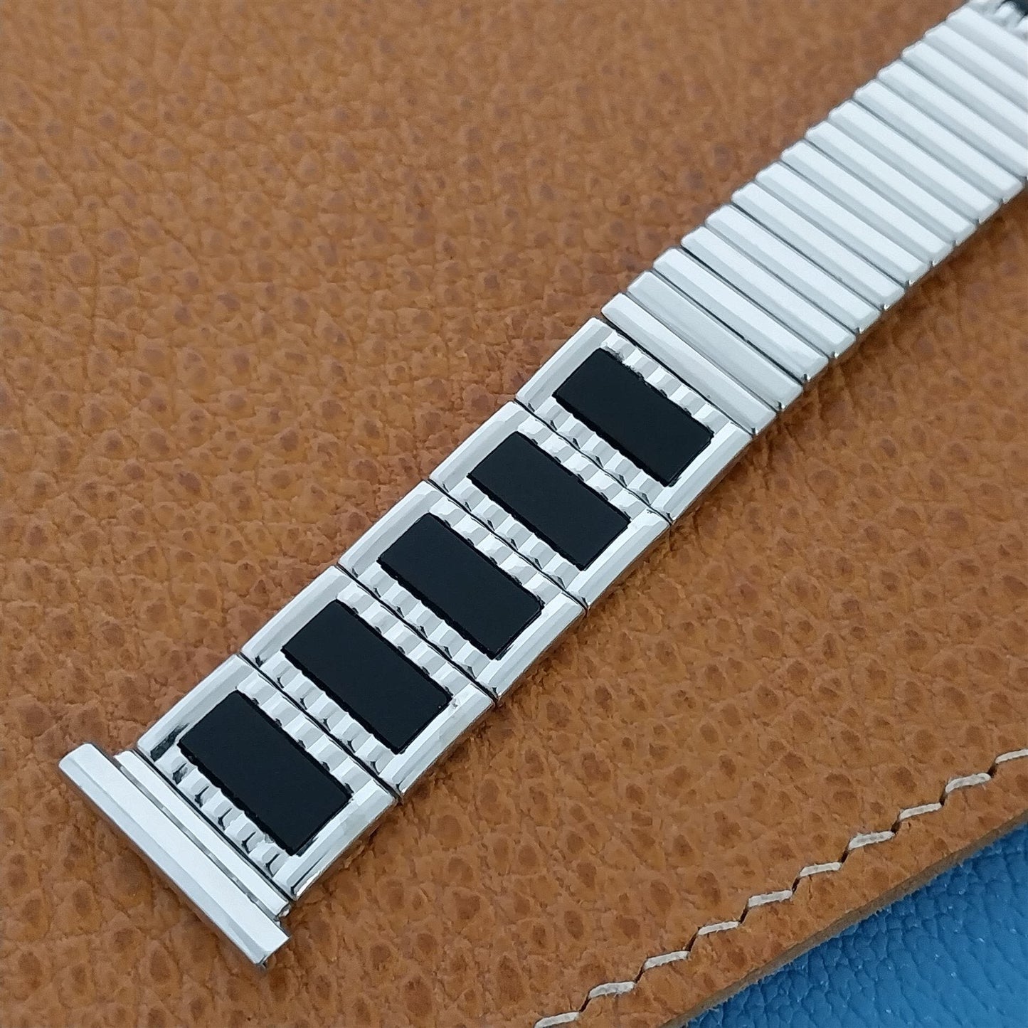 10k White Gold-Filled & Black Glass Speidel Unused 1957 MCM Vintage Watch Band