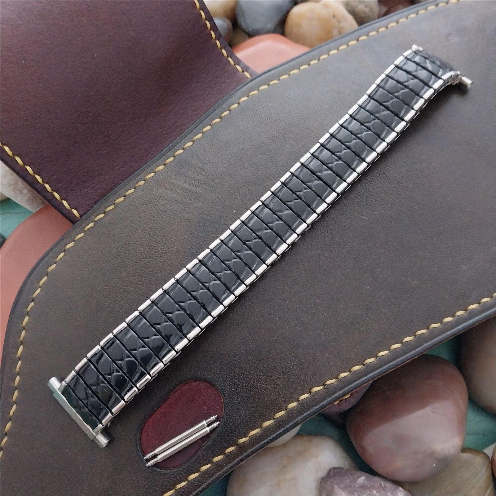 18mm 19mm 20mm Kreisler Flexon Stainless Steel & Black Unused 1980s Watch Band