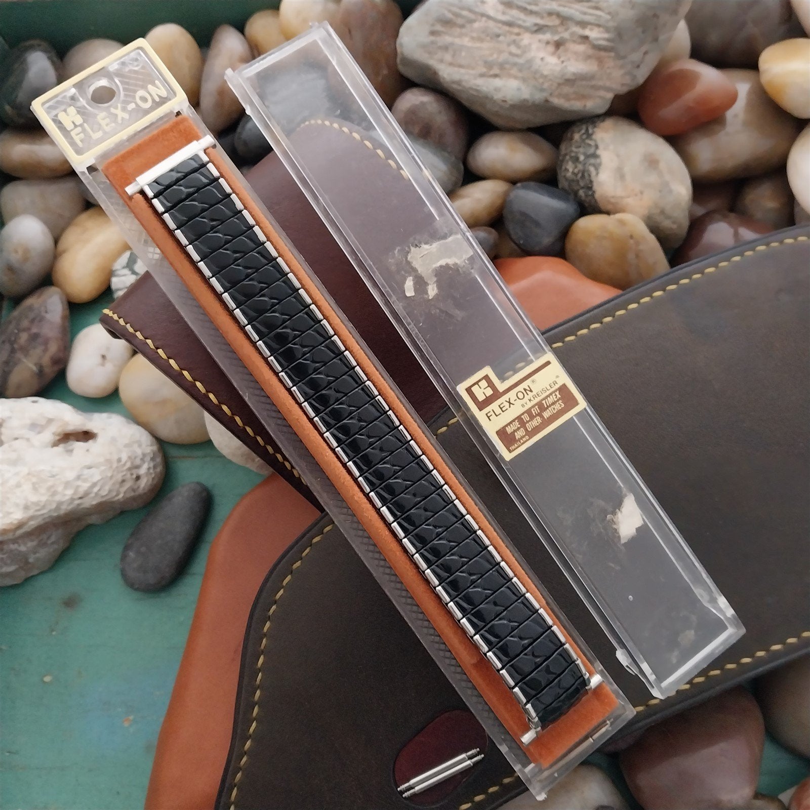 18mm 19mm 20mm Kreisler Flexon Stainless Steel & Black Unused 1980s Watch Band