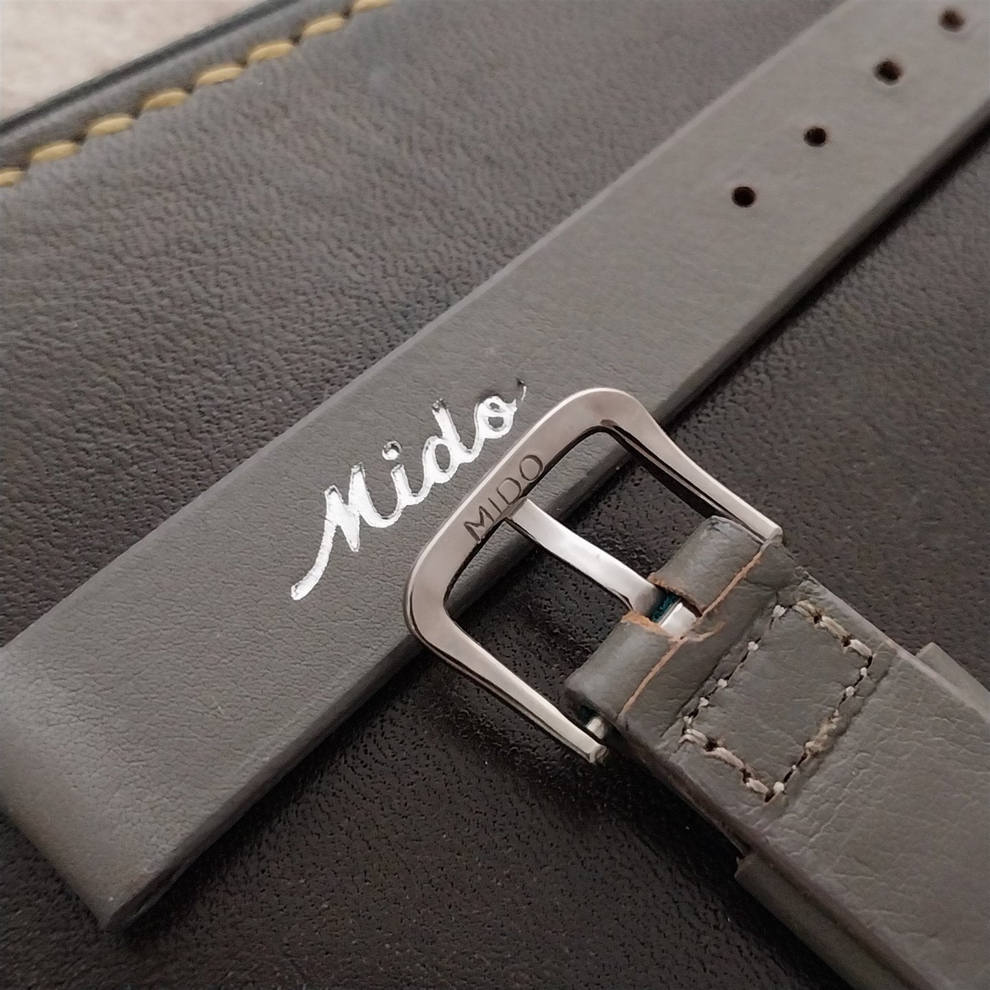 Mido 1960s-1970s 5/8" Gray Calf & Logo Buckle Tapered Unused Vintage Watch Band