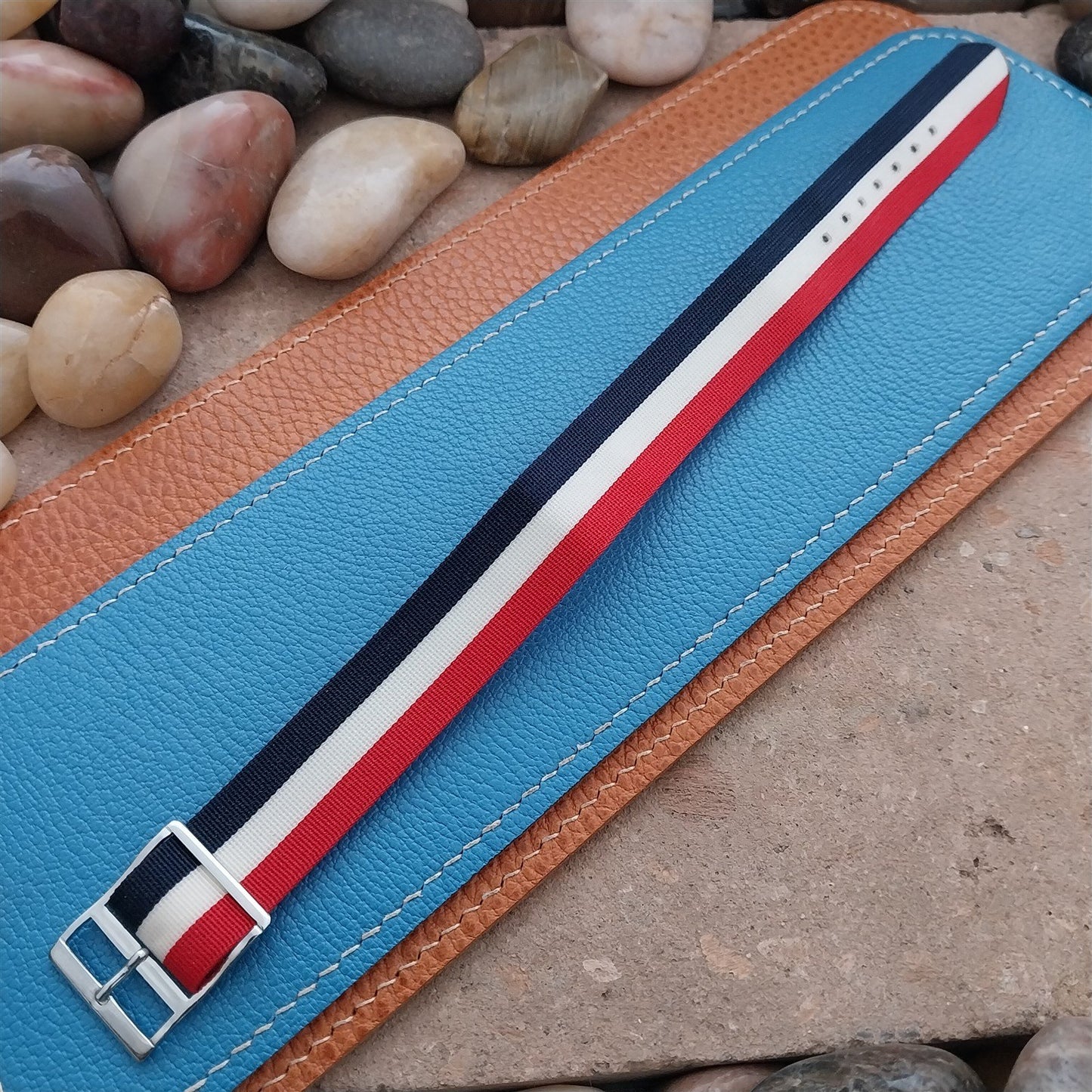 Perlon 18mm Red White Blue Classic Single Pass Unused 1960s Vintage Watch Strap