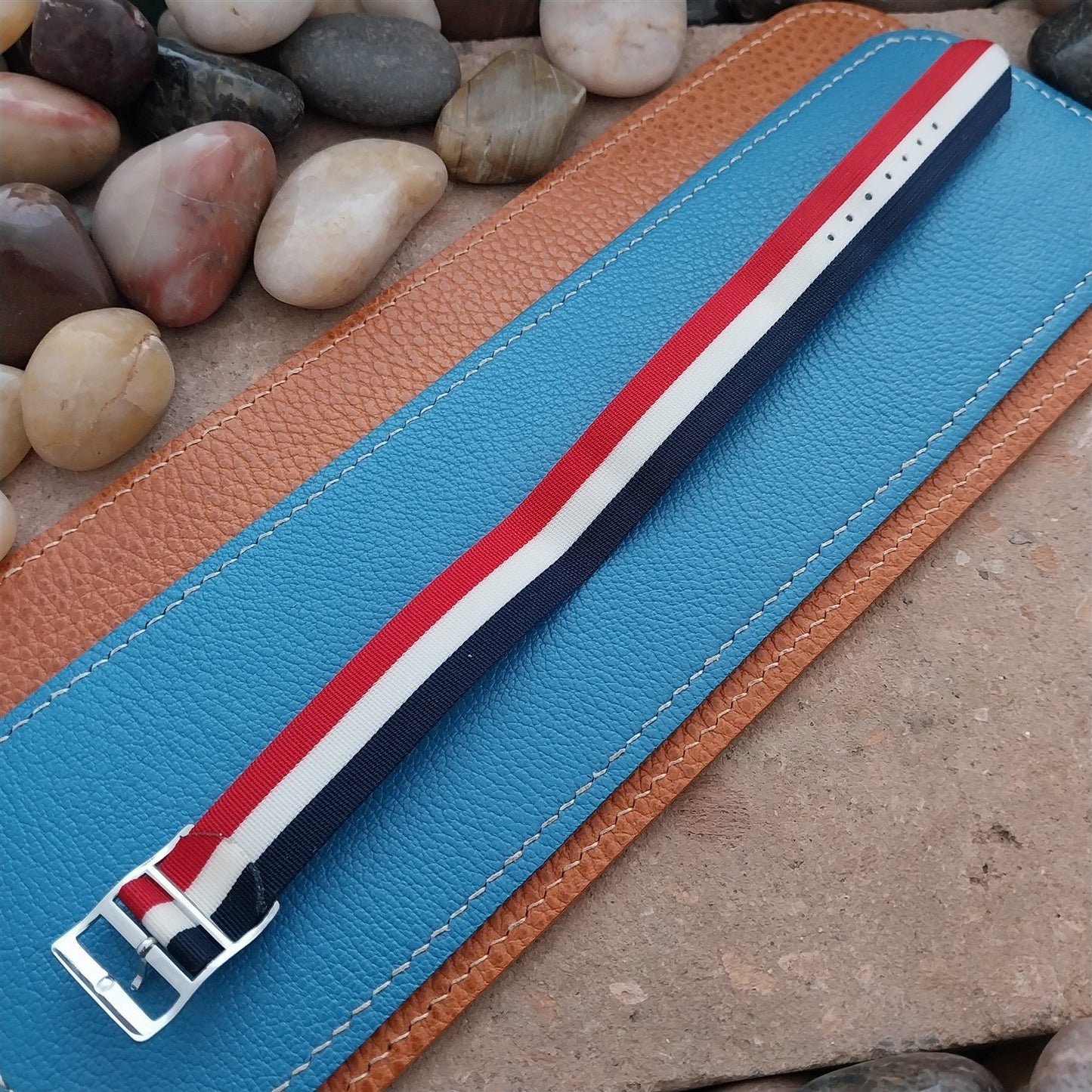 Perlon 18mm Red White Blue Classic Single Pass Unused 1960s Vintage Watch Strap