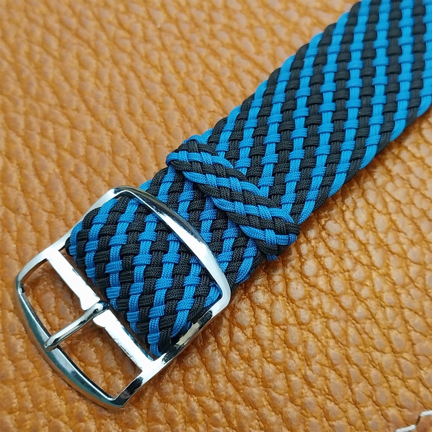 Vintage 20mm Braided Perlon Black & Blue Single Pass Unused 1960s Watch Strap