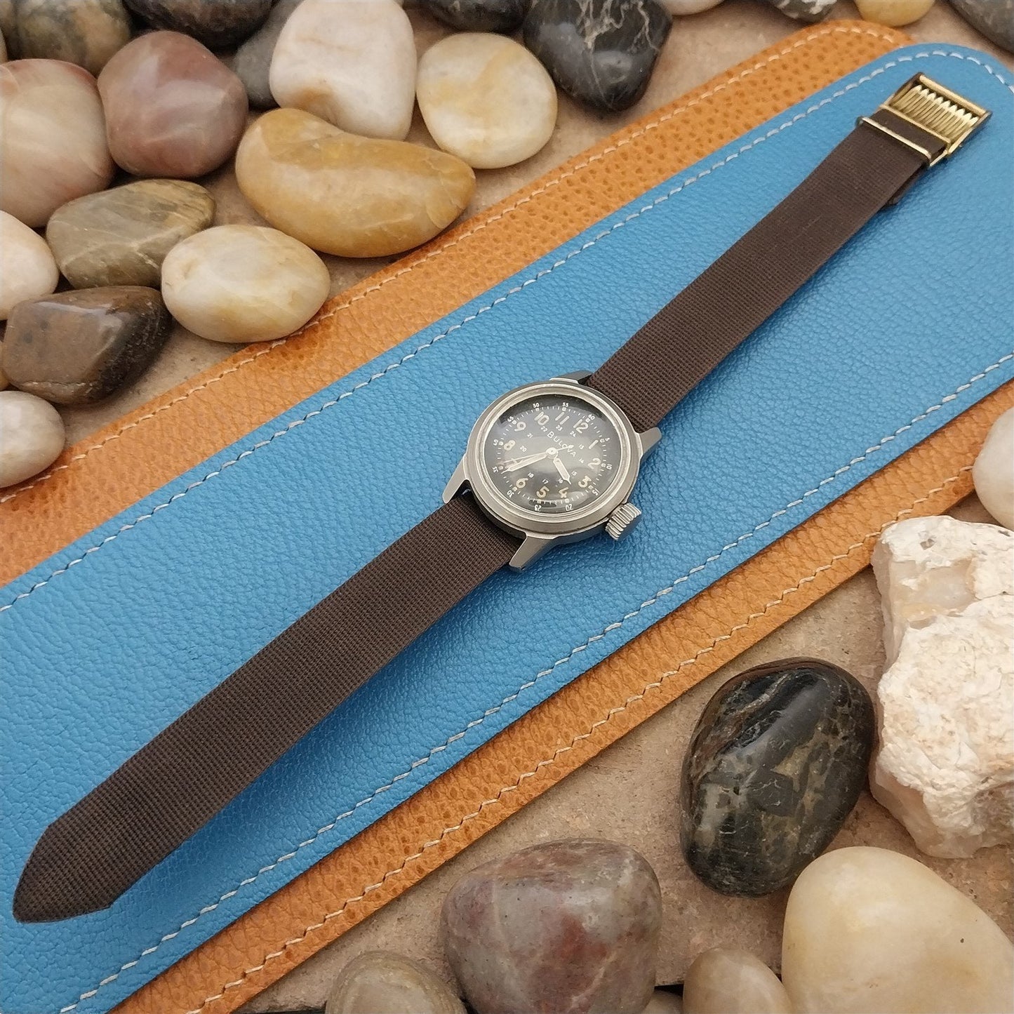 16mm Brown Perlon & Locking Brass Buckle Unused 1960s-1970s Vintage Watch Band