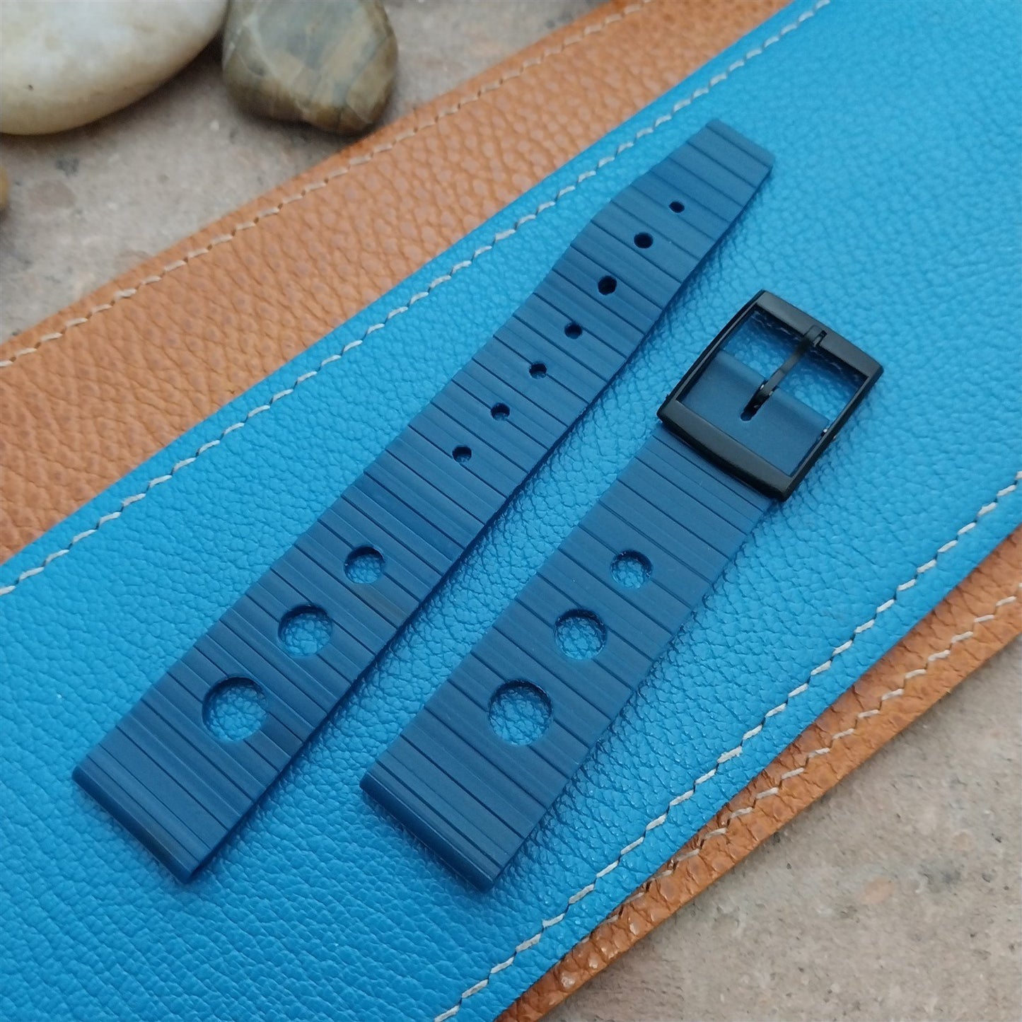 Vintage 18mm Rally GT Strap Blue & Black Round Hole NOS 1960s-1970s Watch Strap
