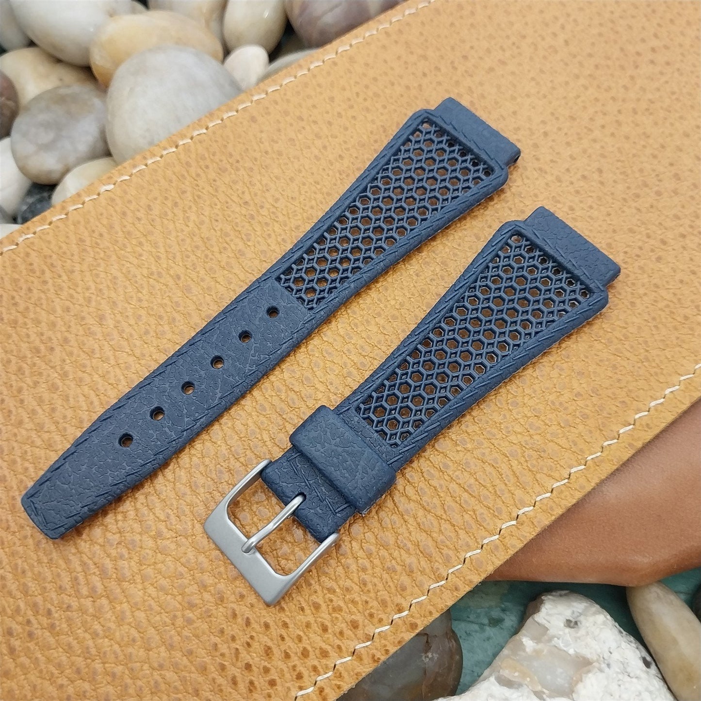 20mm Blue Perforated Diver Swiss Playa Unused nos 1960s-1970s Vintage Watch Band