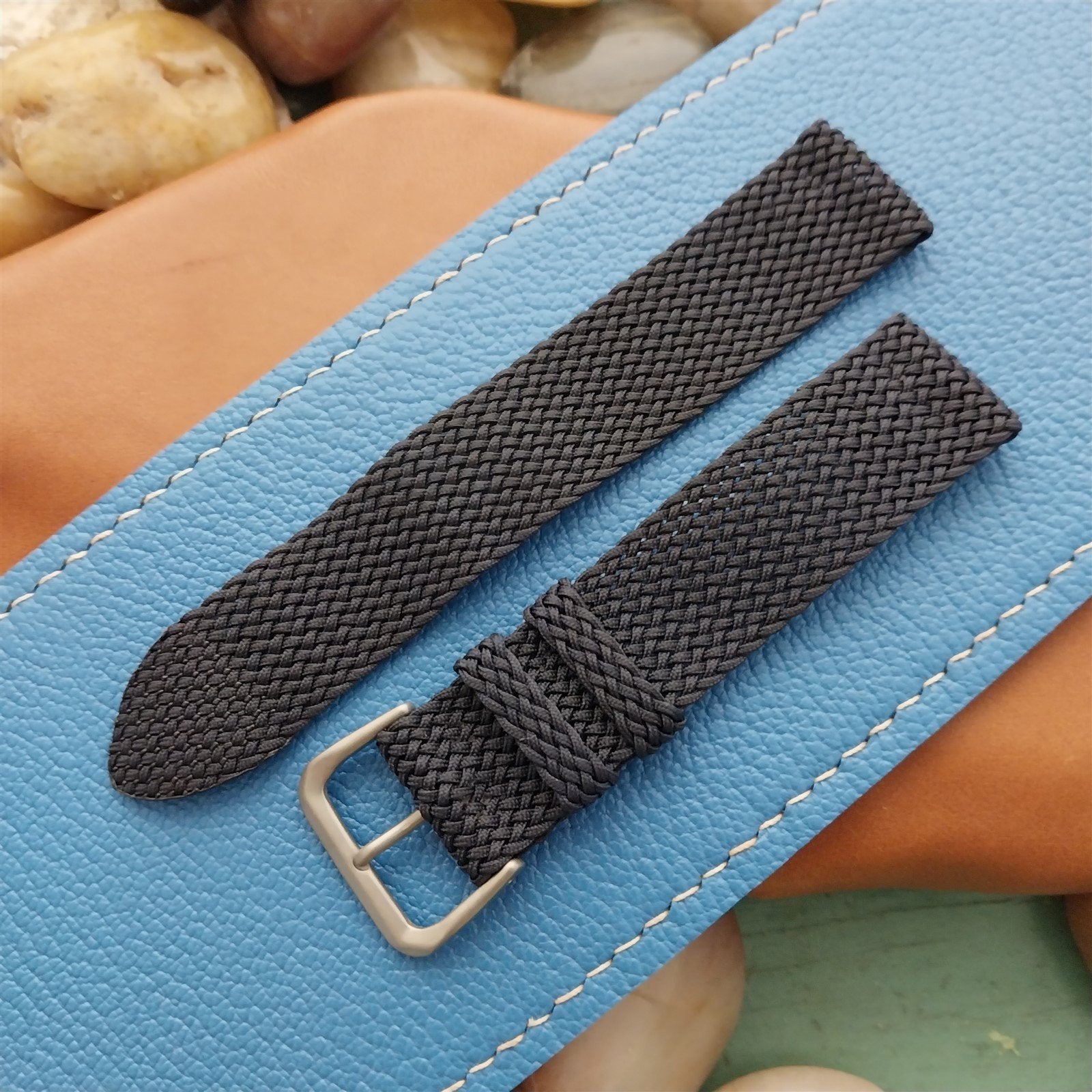 Vintage 18mm Braided Perlon Dark Blue & Bead Blasted Stainless Classic Watch Band