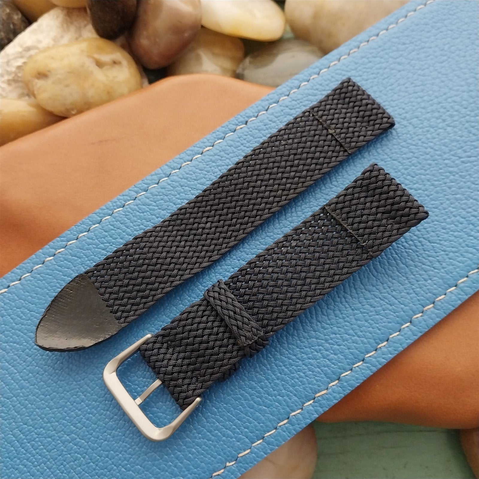 Vintage 18mm Braided Perlon Dark Blue & Bead Blasted Stainless Classic Watch Band