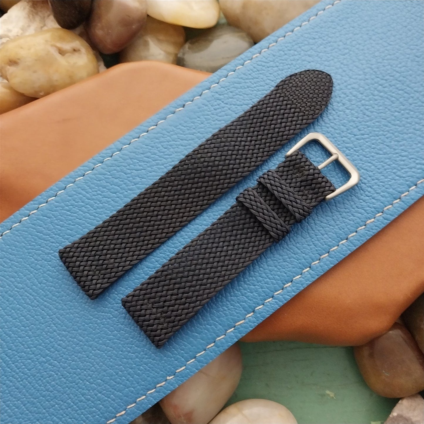 Vintage 18mm Braided Perlon Dark Blue & Bead Blasted Stainless Classic Watch Band