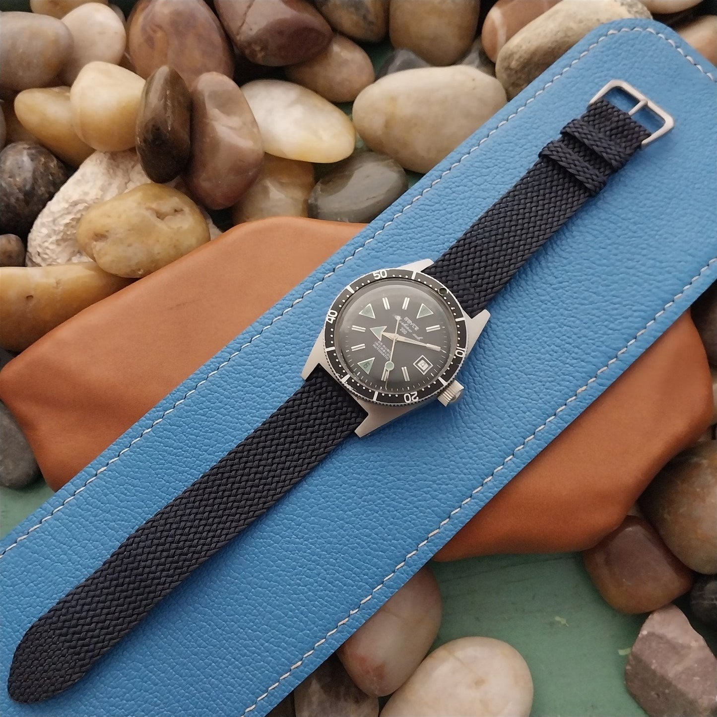 Vintage 18mm Braided Perlon Dark Blue & Bead Blasted Stainless Classic Watch Band