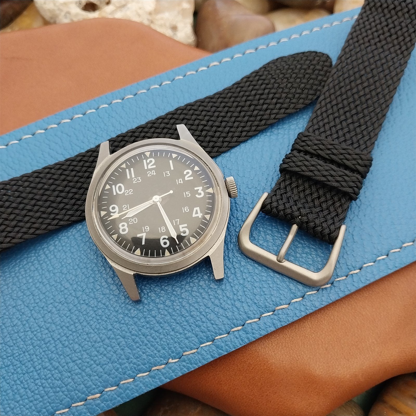 Vintage 18mm Braided Perlon 2-piece Unused Field Watch Band &Bead Blasted Buckle