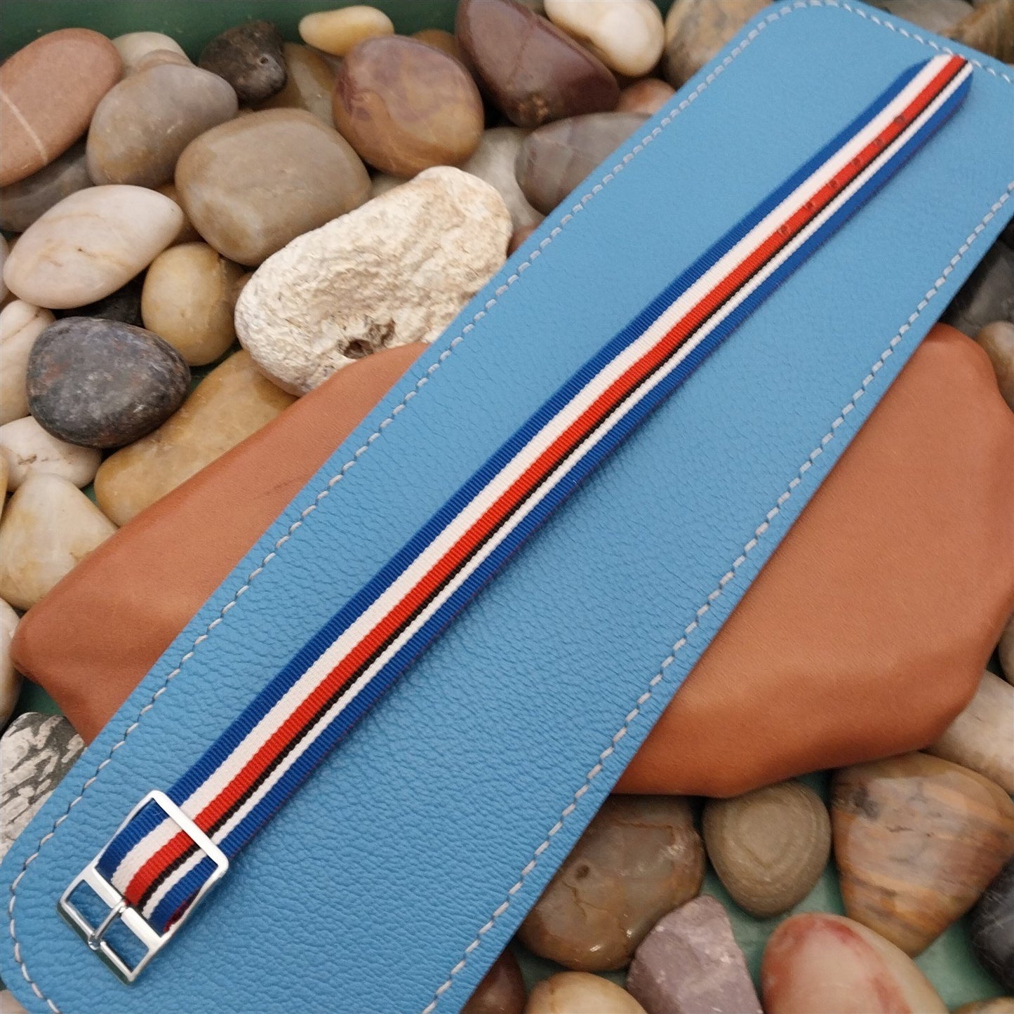 Vintage 16mm Striped Perlon Single Pass Red White Blue Black Unused Watch Strap