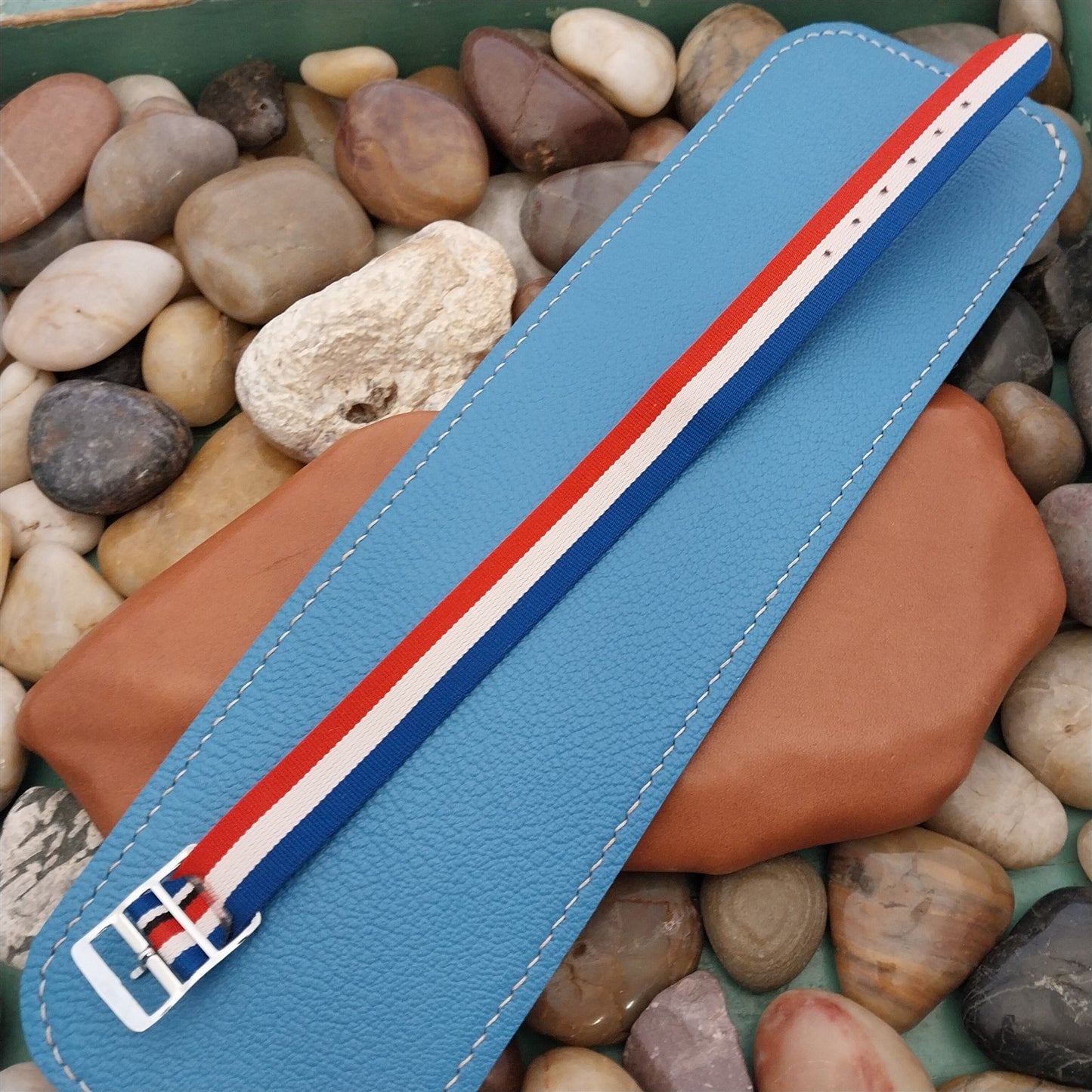 Vintage 16mm Striped Perlon Single Pass Red White Blue Black Unused Watch Strap