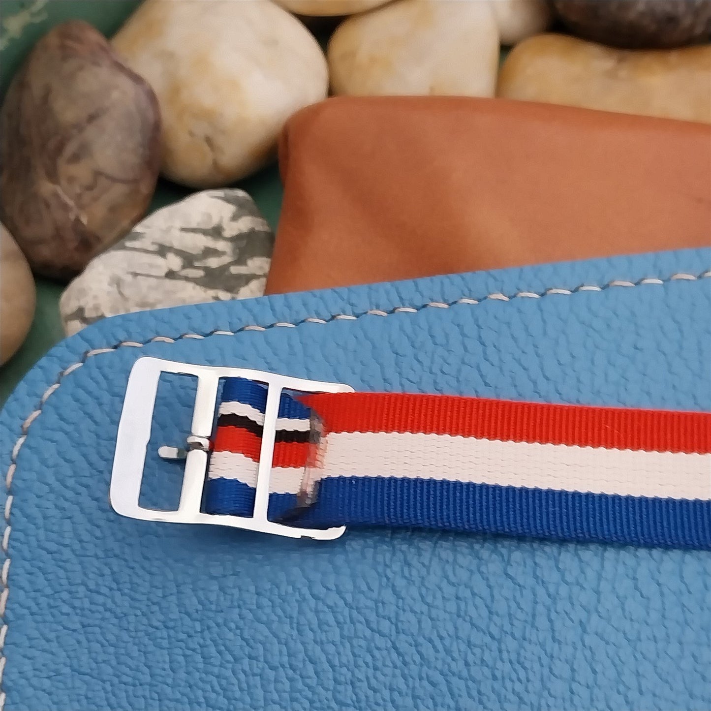 Vintage 16mm Striped Perlon Single Pass Red White Blue Black Unused Watch Strap