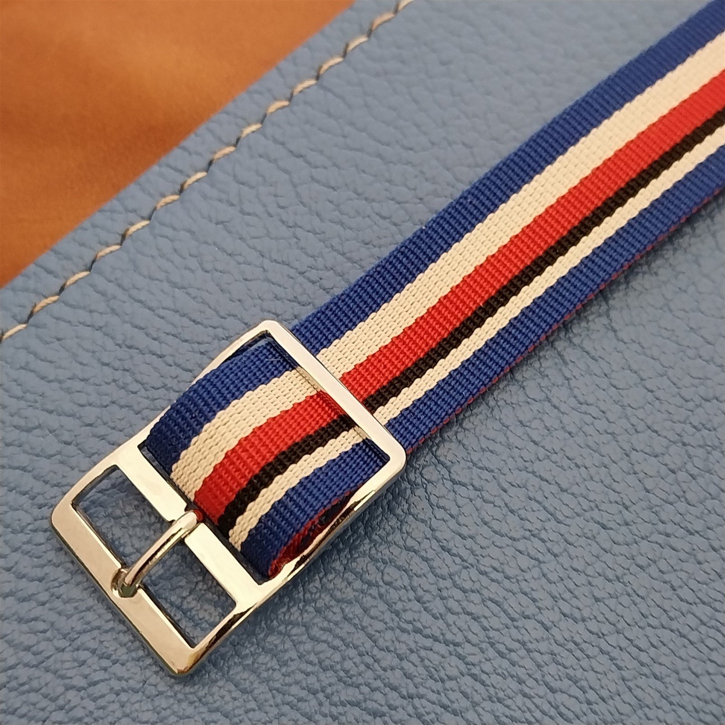Vintage 16mm Striped Perlon Single Pass Red White Blue Black Unused Watch Strap