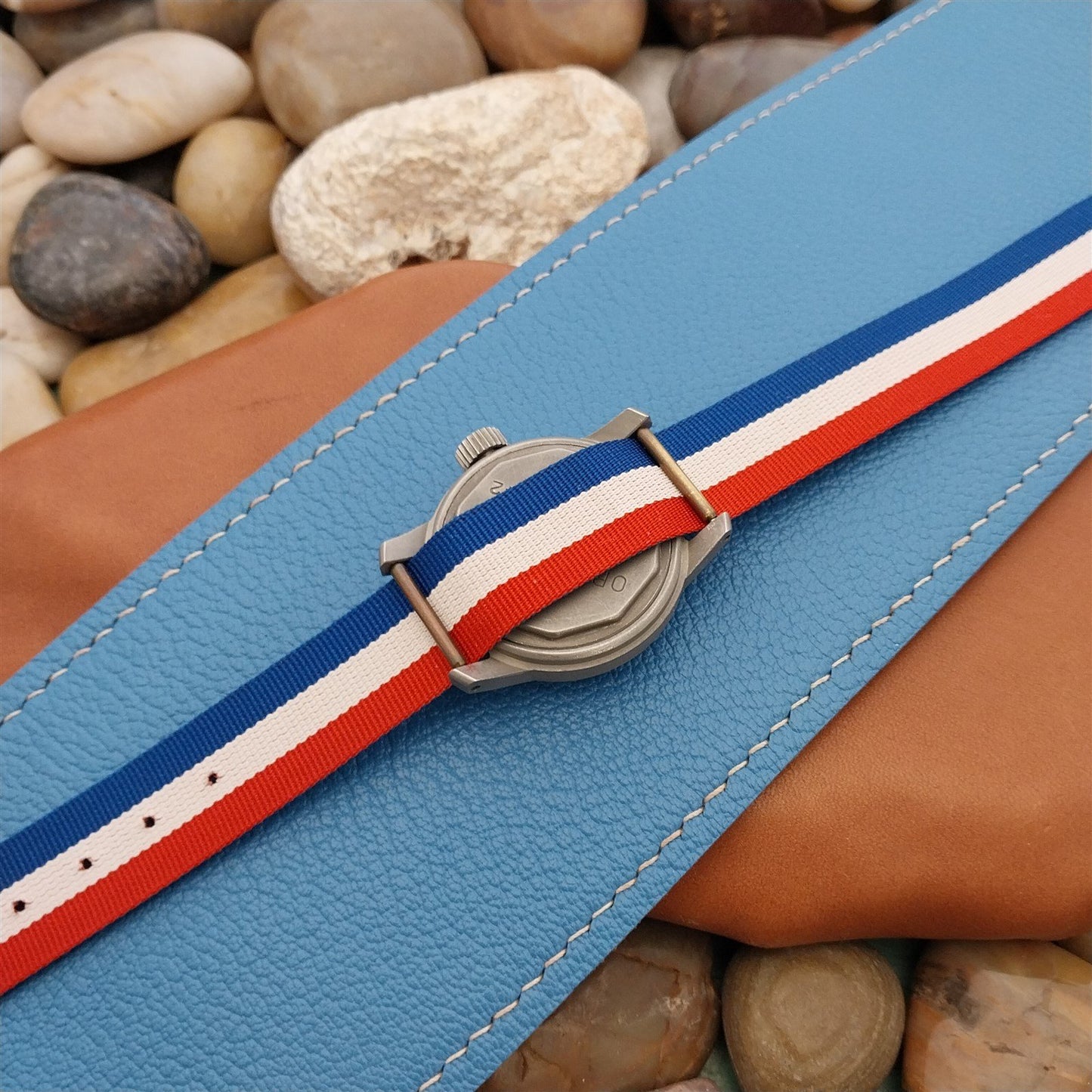 Vintage 16mm Striped Perlon Single Pass Red White Blue Black Unused Watch Strap