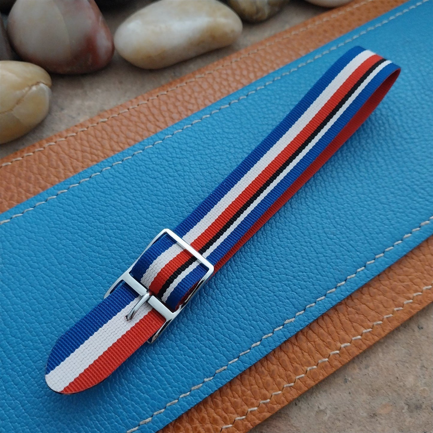 Vintage 16mm Striped Perlon Single Pass Red White Blue Black Unused Watch Strap